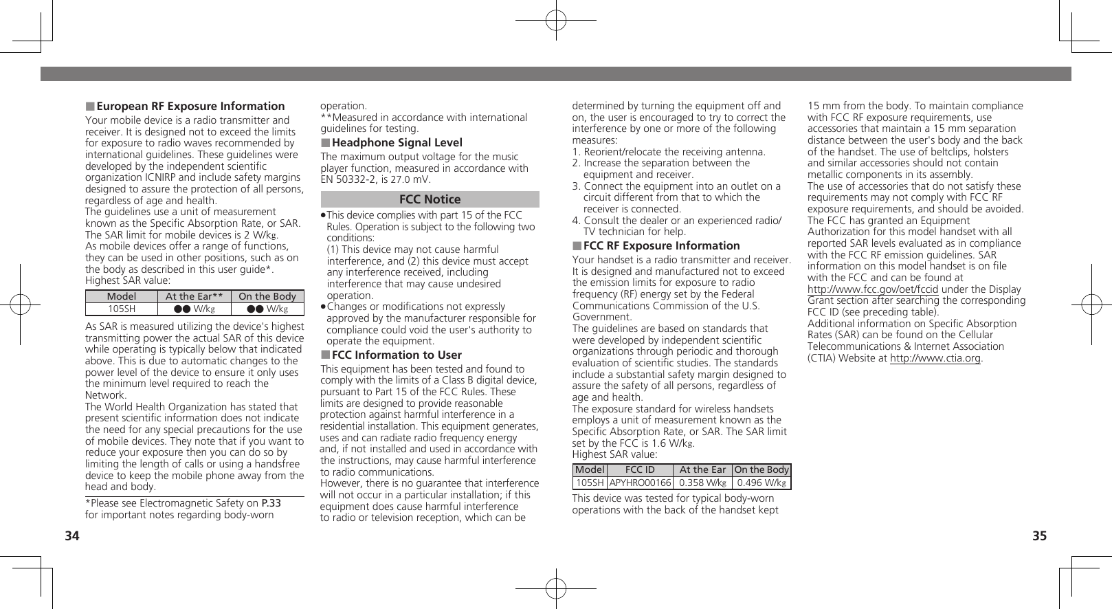 3435determined by turning the equipment off and on, the user is encouraged to try to correct the interference by one or more of the following measures:1. Reorient/relocate the receiving antenna.2. Increase the separation between the equipment and receiver.3. Connect the equipment into an outlet on a circuit different from that to which the receiver is connected.4. Consult the dealer or an experienced radio/TV technician for help.FCC RF Exposure Information ■Your handset is a radio transmitter and receiver.It is designed and manufactured not to exceed the emission limits for exposure to radio frequency (RF) energy set by the Federal Communications Commission of the U.S. Government.The guidelines are based on standards that were developed by independent scientiﬁc organizations through periodic and thorough evaluation of scientiﬁc studies. The standards include a substantial safety margin designed to assure the safety of all persons, regardless of age and health.The exposure standard for wireless handsets employs a unit of measurement known as the Speciﬁc Absorption Rate, or SAR. The SAR limit set by the FCC is 1.6 W/kg.Highest SAR value:Model FCC ID At the Ear On the Body105SH APYHRO00166 0.358 W/kg0.496 W/kgThis device was tested for typical body-worn operations with the back of the handset kept 15 mm from the body. To maintain compliance with FCC RF exposure requirements, use accessories that maintain a 15 mm separation distance between the user&apos;s body and the back of the handset. The use of beltclips, holsters and similar accessories should not contain metallic components in its assembly.The use of accessories that do not satisfy these requirements may not comply with FCC RF exposure requirements, and should be avoided.The FCC has granted an Equipment Authorization for this model handset with all reported SAR levels evaluated as in compliance with the FCC RF emission guidelines. SAR information on this model handset is on ﬁle with the FCC and can be found at  http://www.fcc.gov/oet/fccid under the Display  Grant section after searching the corresponding FCC ID (see preceding table).Additional information on Speciﬁc Absorption Rates (SAR) can be found on the Cellular Telecommunications &amp; Internet Association (CTIA) Website at http://www.ctia.org.European RF Exposure Information ■Your mobile device is a radio transmitter and receiver. It is designed not to exceed the limits for exposure to radio waves recommended by international guidelines. These guidelines were  developed by the independent scientiﬁc organization ICNIRP and include safety margins designed to assure the protection of all persons, regardless of age and health.The guidelines use a unit of measurement known as the Speciﬁc Absorption Rate, or SAR. The SAR limit for mobile devices is 2 W/kg.As mobile devices offer a range of functions, they can be used in other positions, such as on the body as described in this user guide*.Highest SAR value:Model At the Ear** On the Body105SH ●● W/kg●● W/kgAs SAR is measured utilizing the device&apos;s highest transmitting power the actual SAR of this device while operating is typically below that indicated above. This is due to automatic changes to the power level of the device to ensure it only uses  the minimum level required to reach the Network. The World Health Organization has stated that present scientiﬁc information does not indicate the need for any special precautions for the use of mobile devices. They note that if you want to reduce your exposure then you can do so by limiting the length of calls or using a handsfree  device to keep the mobile phone away from the head and body. *Please see Electromagnetic Safety on P.33 for important notes regarding body-worn operation.**Measured in accordance with international guidelines for testing.Headphone Signal Level ■The maximum output voltage for the music player function, measured in accordance with EN 50332-2, is 27.0 mV.FCC NoticeThis device complies with part 15 of the FCC  .Rules. Operation is subject to the following two conditions: (1) This device may not cause harmful interference, and (2) this device must accept  any interference received, including interference that may cause undesired operation.Changes or modiﬁcations not expressly  .approved by the manufacturer responsible for compliance could void the user&apos;s authority to operate the equipment.FCC Information to User ■This equipment has been tested and found to comply with the limits of a Class B digital device, pursuant to Part 15 of the FCC Rules. These limits are designed to provide reasonable protection against harmful interference in a residential installation. This equipment generates, uses and can radiate radio frequency energy and, if not installed and used in accordance with the instructions, may cause harmful interference to radio communications.However, there is no guarantee that interference will not occur in a particular installation; if this equipment does cause harmful interference to radio or television reception, which can be 
