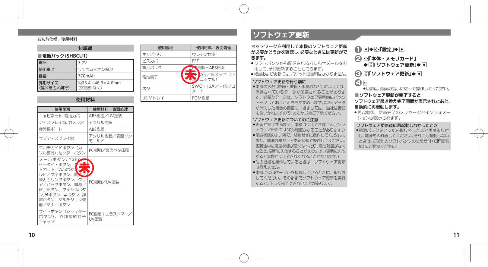 10 11おもな仕様／使用材料付属品電池パック（SHBCU1） ■電圧 3.7V使用電池 リチウムイオン電池容量 770mAh外形サイズ（幅×高さ×奥行）約35.4×46.3×4.6mm（突起部 除く）使用材料使用箇所 使用材料／表面処理キャビネット、電池カバー ABS樹脂／UV塗装ディスプレイ窓、カメラ窓 アクリル樹脂赤外線ポート ABS樹脂サブディスプレイ窓 アクリル樹脂／表面インモールドマルチガイドボタン（カーソル部分）、センターボタン PC樹脂／裏面ベタ印刷メールボタン、Yahoo!ケータイ・ボタン、ショートカット／A/aボタン、テレビ／文字ボタン、開始／楽ともリンクボタン、クリア／バックボタン、電源／終了ボタン、ダイヤルボタン、Nボタン、＃ボタン、辞書ボタン、マルチジョブ機能／マナーボタンPC樹脂／UV塗装サイドボタン（シャッターボタン）、外部接続端子キャップPC樹脂＋エラストマー／UV塗装使用箇所 使用材料／表面処理キャビ当り ウレタン樹脂ビスカバー PET電池パック PC樹脂＋ABS樹脂電池端子 BRASS／金メッキ（下地：ニッケル）ネジ SWCH16A／三価クロメートUSIMトレイ POM樹脂ソフトウェア更新ネットワークを利用して本機のソフトウェア更新が必要かどうかを確認し、必要なときには更新ができます。ソフトバンクから配信されるお知らせメールを利 .用して、予約更新することもできます。確認および更新には、パケット通信料はかかりません。 .ソフトウェア更新を行う前に本機の状況（故障・破損・水濡れなど）によっては、 .保存されているデータが破棄されることがあります。必要なデータは、ソフトウェア更新前にバックアップしておくことをおすすめします。なお、データが消失した場合の損害につきましては、当社は責任を負いかねますので、あらかじめご了承ください。ソフトウェア更新についてのご注意更新が完了するまで、本機は使用できません。（ソフ .トウェア更新には30分程度かかることがあります。）電波状態のよい所で、移動せずに操作してください。 .また、電池残量が十分ある状態で操作してください。更新途中に電波状態が悪くなったり、電池残量がなくなると、更新に失敗することがあります。（更新に失敗すると本機が使用できなくなることがあります。）他の機能を操作しているときは、ソフトウェア更新 .は行えません。本機にUSBケーブルを接続しているときは、取り外 .してください。そのままでソフトウェア更新を実行すると、正しく完了できないことがあります。 1 %Sg「設定」S% 2 f「本体・メモリカード」   Se「ソフトウェア更新」S% 3 e「ソフトウェア更新」S% 4 B　以降は、画面の指示に従って操作してください。 .ソフトウェア更新が完了すると ■ソフトウェア書き換え完了画面が表示されたあと、自動的に再起動します。再起動後、更新完了のメッセージとインフォメー .ションが表示されます。ソフトウェア更新後に再起動しなかったとき電池パックをいったん取り外したあと再度取り付 .け、電源を入れ直してください。それでも起動しないときは、ご契約のソフトバンクの故障受付（A裏表紙）にご相談ください。未未