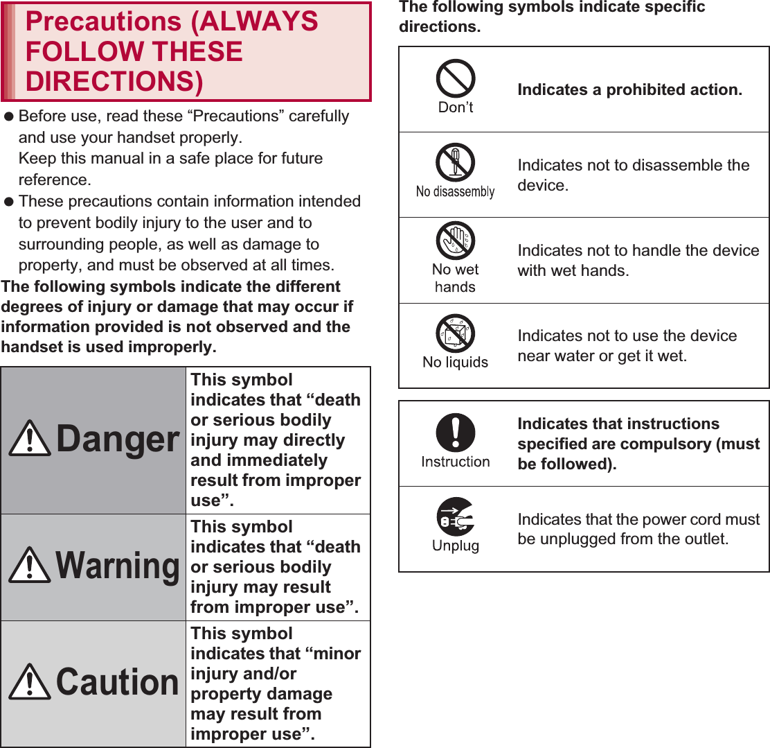 6Contents/Precautions Before use, read these “Precautions” carefully and use your handset properly.Keep this manual in a safe place for future reference. These precautions contain information intended to prevent bodily injury to the user and to surrounding people, as well as damage to property, and must be observed at all times.The following symbols indicate the different degrees of injury or damage that may occur if information provided is not observed and the handset is used improperly.The following symbols indicate specific directions.Precautions (ALWAYS FOLLOW THESE DIRECTIONS)DangerThis symbol indicates that “death or serious bodily injury may directly and immediately result from improper use”.WarningThis symbol indicates that “death or serious bodily injury may result from improper use”.CautionThis symbol indicates that “minor injury and/or property damage may result from improper use”.Indicates a prohibited action.Indicates not to disassemble the device.Indicates not to handle the device with wet hands.Indicates not to use the device near water or get it wet.Indicates that instructions specified are compulsory (must be followed).Indicates that the power cord must be unplugged from the outlet.