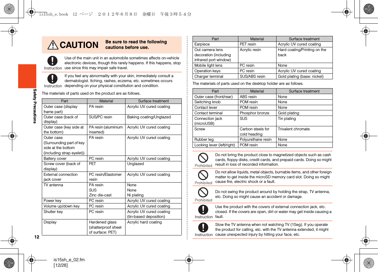 12is15sh_e_02.fm[12/28]Safety PrecautionsThe materials of parts used on the product are as follows.The materials of parts used on the desktop holder are as follows.CAUTION Be sure to read the following cautions before use.Use of the main unit in an automobile sometimes affects on-vehicle electronic devices, though this rarely happens. If this happens, stop use since this may impair safe travel.If you feel any abnormality with your skin, immediately consult a dermatologist. Itching, rashes, eczema, etc. sometimes occurs depending on your physical constitution and condition. Part Material Surface treatmentOuter case (display frame part)PA resin Acrylic UV cured coatingOuter case (back of display)SUS/PC resin Baking coating/UnglazedOuter case (key side at the bottom)PA resin (aluminium inserted)Acrylic UV cured coatingOuter case (Surrounding part of key side at the bottom (including strap eyelet))PA resin Acrylic UV cured coatingBattery cover PC resin Acrylic UV cured coatingScrew cover (back of display)PET UnglazedExternal connection jack coverPC resin/Elastomer resinAcrylic UV cured coatingTV antenna PA resinSUSZinc die-castNoneNoneNi platingPower key PC resin Acrylic UV cured coatingVolume up/down key PC resin Acrylic UV cured coatingShutter key PC resin Acrylic UV cured coating (tin-based deposition)Display Hardened glass (shatterproof sheet of surface: PET)Acrylic hard coatingInstructionInstructionEarpiece PET resin Acrylic UV cured coatingOut camera lens decoration (including infrared port window)Acrylic resin Hard coating/Printing on the backMobile light lens PC resin NoneOperation keys PC resin Acrylic UV cured coatingCharger terminal SUS/ABS resin Gold plating (base: nickel)Part Material Surface treatmentOuter case (front/rear) ABS resin NoneSwitching knob POM resin NoneContact lever POM resin NoneContact terminal Phosphor bronze Gold platingConnection jack (microUSB)SUS Tin platingScrew Carbon steels for cold headingTrivalent chromateRubber leg Polyurethane resin NoneLocking lever (left/right) POM resin NoneDo not bring the product close to magnetized objects such as cash cards, floppy disks, credit cards, and prepaid cards. Doing so might result in loss of recorded information.Do not allow liquids, metal objects, burnable items, and other foreign matter to get inside the microSD memory card slot. Doing so might cause fire, electric shock or a fault.Do not swing the product around by holding the strap, TV antenna, etc. Doing so might cause an accident or damage.Use the product with the covers of external connection jack, etc. closed. If the covers are open, dirt or water may get inside causing a fault.Stow the TV antenna when not watching TV (1Seg). If you operate the product for calling, etc. with the TV antenna extended, it might cause unexpected injury by hitting your face, etc.Part Material Surface treatmentInstructionInstructionis15sh_e.book  12 ページ  ２０１２年６月８日　金曜日　午後３時５４分