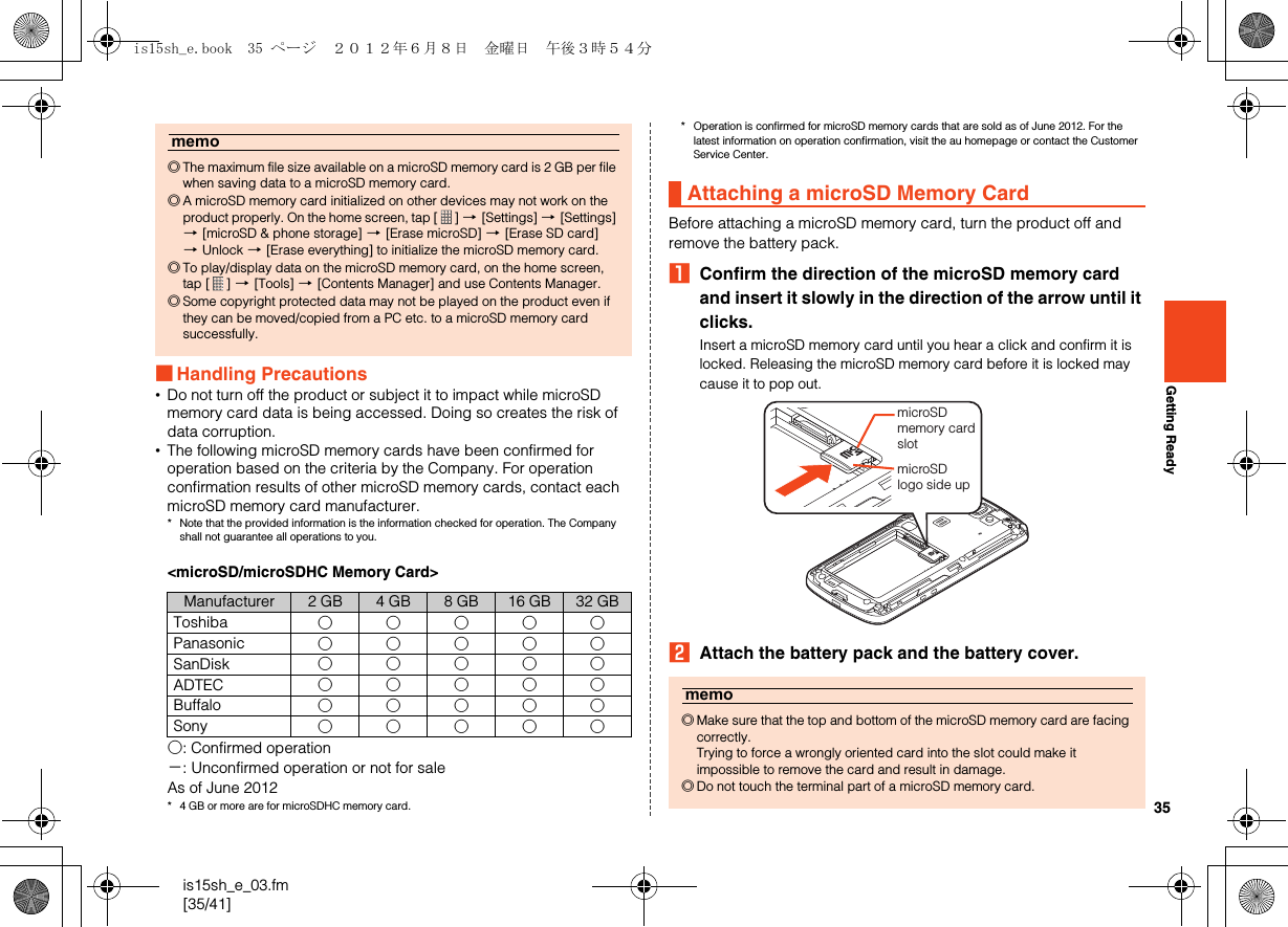 35is15sh_e_03.fm[35/41]Getting Ready■Handling Precautions•Do not turn off the product or subject it to impact while microSD memory card data is being accessed. Doing so creates the risk of data corruption.•The following microSD memory cards have been confirmed for operation based on the criteria by the Company. For operation confirmation results of other microSD memory cards, contact each microSD memory card manufacturer.* Note that the provided information is the information checked for operation. The Company shall not guarantee all operations to you.&lt;microSD/microSDHC Memory Card&gt;○: Confirmed operation−: Unconfirmed operation or not for saleAs of June 2012* 4 GB or more are for microSDHC memory card.* Operation is confirmed for microSD memory cards that are sold as of June 2012. For the latest information on operation confirmation, visit the au homepage or contact the Customer Service Center.Before attaching a microSD memory card, turn the product off and remove the battery pack.AConfirm the direction of the microSD memory card and insert it slowly in the direction of the arrow until it clicks.Insert a microSD memory card until you hear a click and confirm it is locked. Releasing the microSD memory card before it is locked may cause it to pop out.BAttach the battery pack and the battery cover.memo◎The maximum file size available on a microSD memory card is 2 GB per file when saving data to a microSD memory card.◎A microSD memory card initialized on other devices may not work on the product properly. On the home screen, tap [ ] [[Settings] [[Settings] [[microSD &amp; phone storage] [[Erase microSD] [[Erase SD card] [Unlock [[Erase everything] to initialize the microSD memory card.◎To play/display data on the microSD memory card, on the home screen, tap [ ] [[Tools] [[Contents Manager] and use Contents Manager.◎Some copyright protected data may not be played on the product even if they can be moved/copied from a PC etc. to a microSD memory card successfully.Manufacturer 2 GB 4 GB 8 GB 16 GB 32 GBToshiba ○ ○ ○ ○ ○Panasonic ○ ○ ○ ○ ○SanDisk ○ ○ ○ ○ ○ADTEC ○ ○ ○ ○ ○Buffalo ○ ○ ○ ○ ○Sony ○ ○ ○ ○ ○Attaching a microSD Memory Cardmemo◎Make sure that the top and bottom of the microSD memory card are facing correctly.Trying to force a wrongly oriented card into the slot could make it impossible to remove the card and result in damage.◎Do not touch the terminal part of a microSD memory card.microSDmemory card slotmicroSD logo side upis15sh_e.book  35 ページ  ２０１２年６月８日　金曜日　午後３時５４分