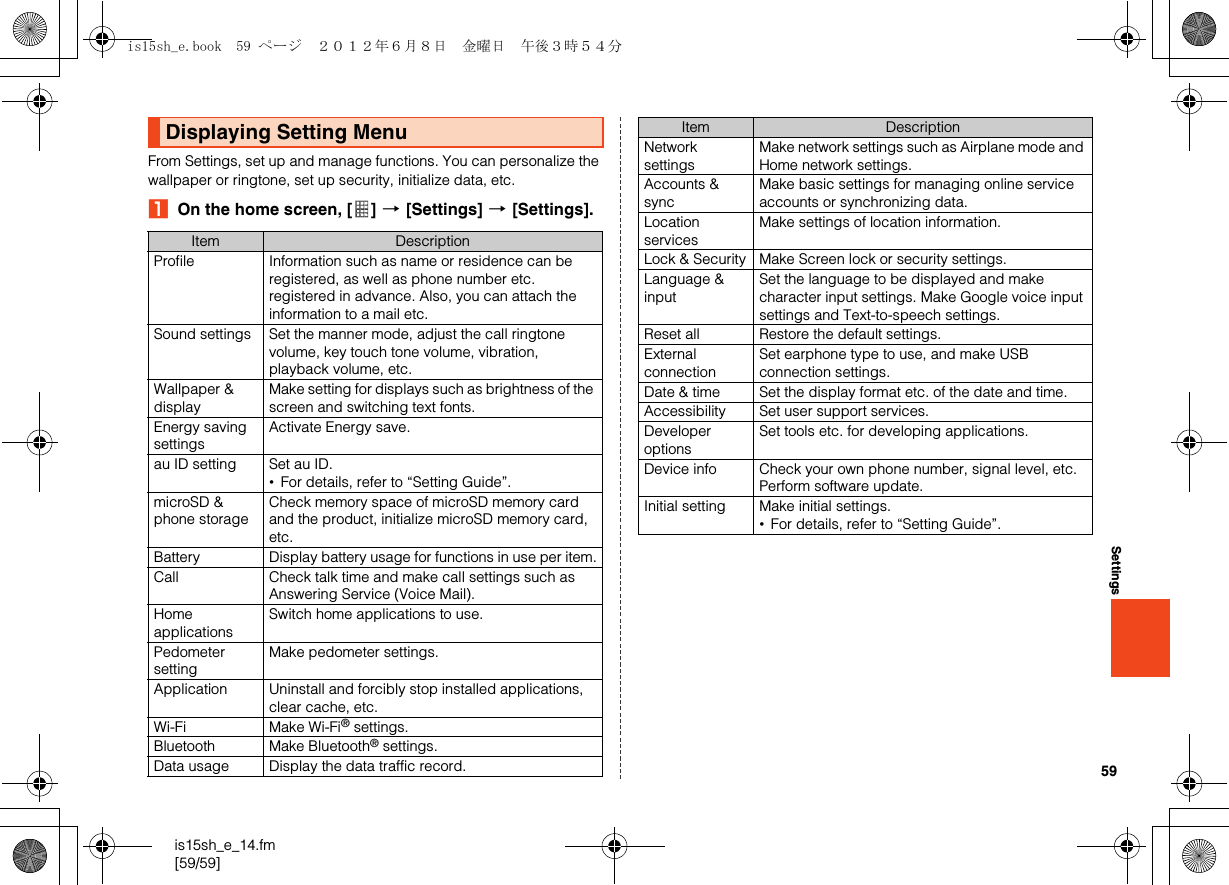 59is15sh_e_14.fm[59/59]SettingsFrom Settings, set up and manage functions. You can personalize the wallpaper or ringtone, set up security, initialize data, etc.AOn the home screen, [ ] [[Settings] [[Settings].Displaying Setting MenuItem DescriptionProfile Information such as name or residence can be registered, as well as phone number etc. registered in advance. Also, you can attach the information to a mail etc.Sound settings Set the manner mode, adjust the call ringtone volume, key touch tone volume, vibration, playback volume, etc.Wallpaper &amp; displayMake setting for displays such as brightness of the screen and switching text fonts.Energy saving settingsActivate Energy save.au ID setting Set au ID.•For details, refer to “Setting Guide”.microSD &amp; phone storageCheck memory space of microSD memory card and the product, initialize microSD memory card, etc.Battery Display battery usage for functions in use per item.Call Check talk time and make call settings such as Answering Service (Voice Mail).Home applicationsSwitch home applications to use.Pedometer settingMake pedometer settings.Application Uninstall and forcibly stop installed applications, clear cache, etc.Wi-Fi Make Wi-Fi® settings.Bluetooth Make Bluetooth® settings.Data usage Display the data traffic record.Network settingsMake network settings such as Airplane mode and Home network settings.Accounts &amp; syncMake basic settings for managing online service accounts or synchronizing data.Location servicesMake settings of location information.Lock &amp; Security Make Screen lock or security settings.Language &amp; inputSet the language to be displayed and make character input settings. Make Google voice input settings and Text-to-speech settings.Reset all Restore the default settings.External connectionSet earphone type to use, and make USB connection settings.Date &amp; time Set the display format etc. of the date and time.Accessibility Set user support services.Developer optionsSet tools etc. for developing applications.Device info Check your own phone number, signal level, etc. Perform software update.Initial setting Make initial settings.•For details, refer to “Setting Guide”.Item Descriptionis15sh_e.book  59 ページ  ２０１２年６月８日　金曜日　午後３時５４分
