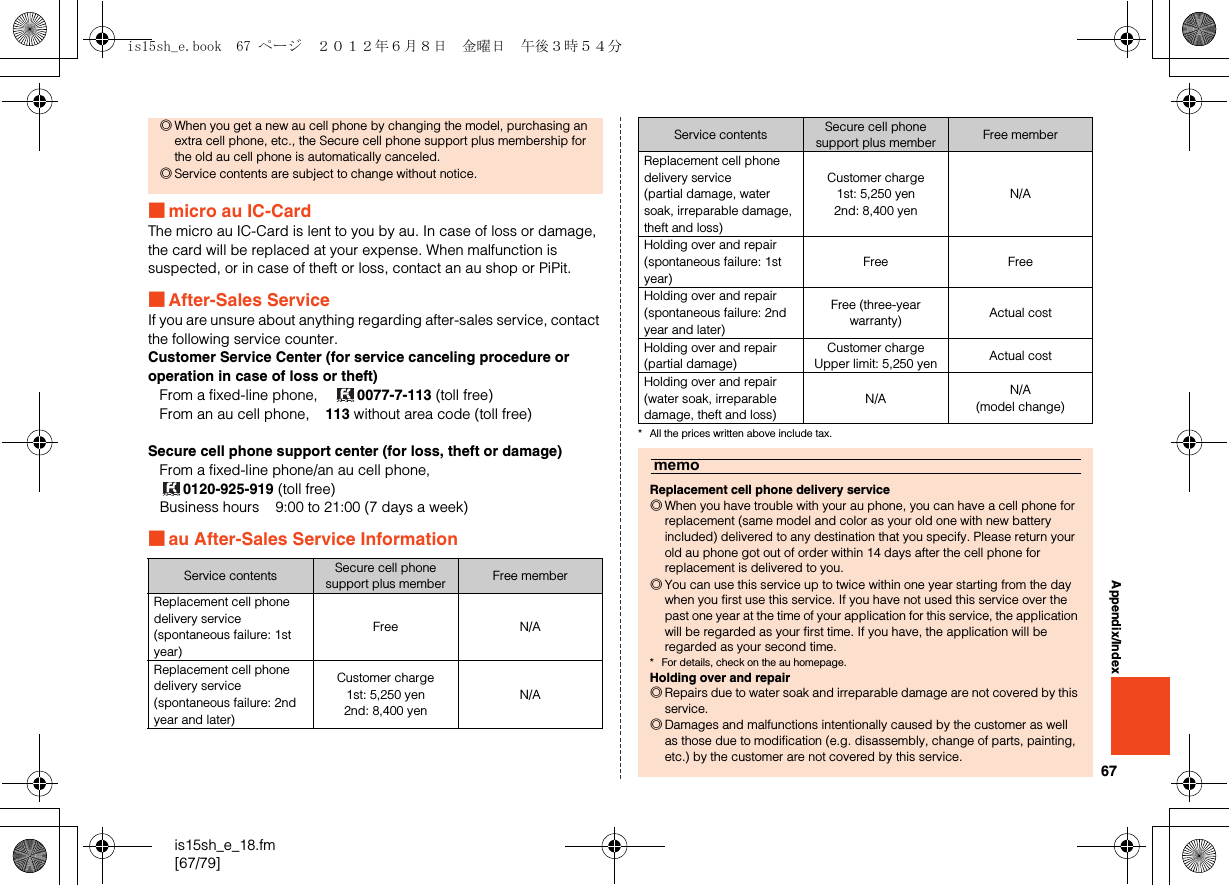 67is15sh_e_18.fm[67/79]Appendix/Index■micro au IC-CardThe micro au IC-Card is lent to you by au. In case of loss or damage, the card will be replaced at your expense. When malfunction is suspected, or in case of theft or loss, contact an au shop or PiPit.■After-Sales ServiceIf you are unsure about anything regarding after-sales service, contact the following service counter.Customer Service Center (for service canceling procedure or operation in case of loss or theft)From a fixed-line phone,     0077-7-113 (toll free)From an au cell phone,    113 without area code (toll free)Secure cell phone support center (for loss, theft or damage)From a fixed-line phone/an au cell phone, 0120-925-919 (toll free)Business hours    9:00 to 21:00 (7 days a week)■au After-Sales Service Information* All the prices written above include tax.◎When you get a new au cell phone by changing the model, purchasing an extra cell phone, etc., the Secure cell phone support plus membership for the old au cell phone is automatically canceled.◎Service contents are subject to change without notice.Service contents Secure cell phone support plus member Free memberReplacement cell phone delivery service(spontaneous failure: 1st year)Free N/AReplacement cell phone delivery service(spontaneous failure: 2nd year and later)Customer charge1st: 5,250 yen2nd: 8,400 yenN/AReplacement cell phone delivery service(partial damage, water soak, irreparable damage, theft and loss)Customer charge1st: 5,250 yen2nd: 8,400 yenN/AHolding over and repair(spontaneous failure: 1st year)Free FreeHolding over and repair(spontaneous failure: 2nd year and later)Free (three-year warranty) Actual costHolding over and repair(partial damage)Customer chargeUpper limit: 5,250 yen Actual costHolding over and repair(water soak, irreparable damage, theft and loss)N/A N/A(model change)memoReplacement cell phone delivery service◎When you have trouble with your au phone, you can have a cell phone for replacement (same model and color as your old one with new battery included) delivered to any destination that you specify. Please return your old au phone got out of order within 14 days after the cell phone for replacement is delivered to you.◎You can use this service up to twice within one year starting from the day when you first use this service. If you have not used this service over the past one year at the time of your application for this service, the application will be regarded as your first time. If you have, the application will be regarded as your second time.* For details, check on the au homepage.Holding over and repair◎Repairs due to water soak and irreparable damage are not covered by this service.◎Damages and malfunctions intentionally caused by the customer as well as those due to modification (e.g. disassembly, change of parts, painting, etc.) by the customer are not covered by this service.Service contents Secure cell phone support plus member Free memberis15sh_e.book  67 ページ  ２０１２年６月８日　金曜日　午後３時５４分