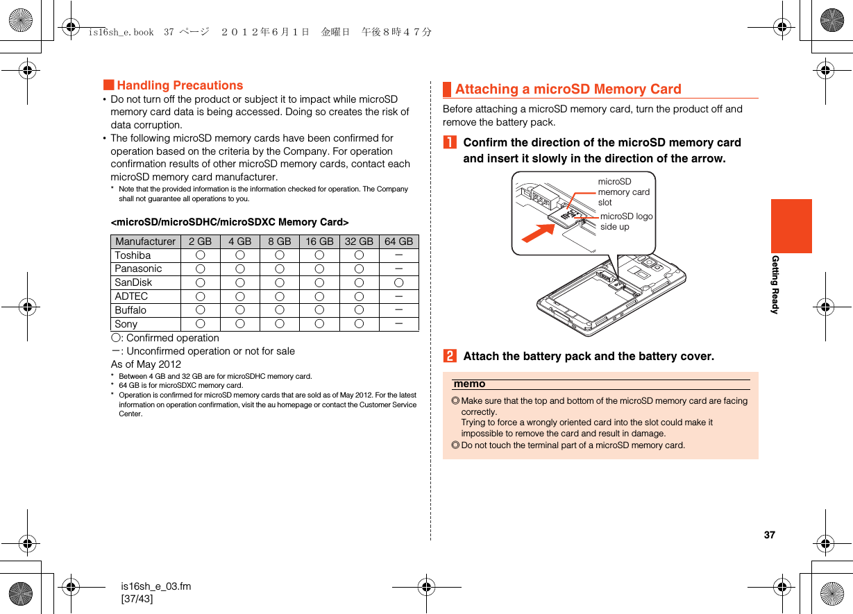 37is16sh_e_03.fm[37/43]Getting Ready■Handling Precautions•Do not turn off the product or subject it to impact while microSD memory card data is being accessed. Doing so creates the risk of data corruption.•The following microSD memory cards have been confirmed for operation based on the criteria by the Company. For operation confirmation results of other microSD memory cards, contact each microSD memory card manufacturer.* Note that the provided information is the information checked for operation. The Company shall not guarantee all operations to you.&lt;microSD/microSDHC/microSDXC Memory Card&gt;○: Confirmed operation−: Unconfirmed operation or not for saleAs of May 2012* Between 4 GB and 32 GB are for microSDHC memory card.* 64 GB is for microSDXC memory card.* Operation is confirmed for microSD memory cards that are sold as of May 2012. For the latest information on operation confirmation, visit the au homepage or contact the Customer Service Center.Before attaching a microSD memory card, turn the product off and remove the battery pack.AConfirm the direction of the microSD memory card and insert it slowly in the direction of the arrow.BAttach the battery pack and the battery cover.Manufacturer 2 GB 4 GB 8 GB 16 GB 32 GB 64 GBToshiba ○○○○○−Panasonic ○○○○○−SanDisk ○○○○○○ADTEC ○○○○○−Buffalo ○○○○○−Sony ○○○○○−Attaching a microSD Memory Cardmemo◎Make sure that the top and bottom of the microSD memory card are facing correctly.Trying to force a wrongly oriented card into the slot could make it impossible to remove the card and result in damage.◎Do not touch the terminal part of a microSD memory card.microSDmemory card slotmicroSD logo side upis16sh_e.book  37 ページ  ２０１２年６月１日　金曜日　午後８時４７分