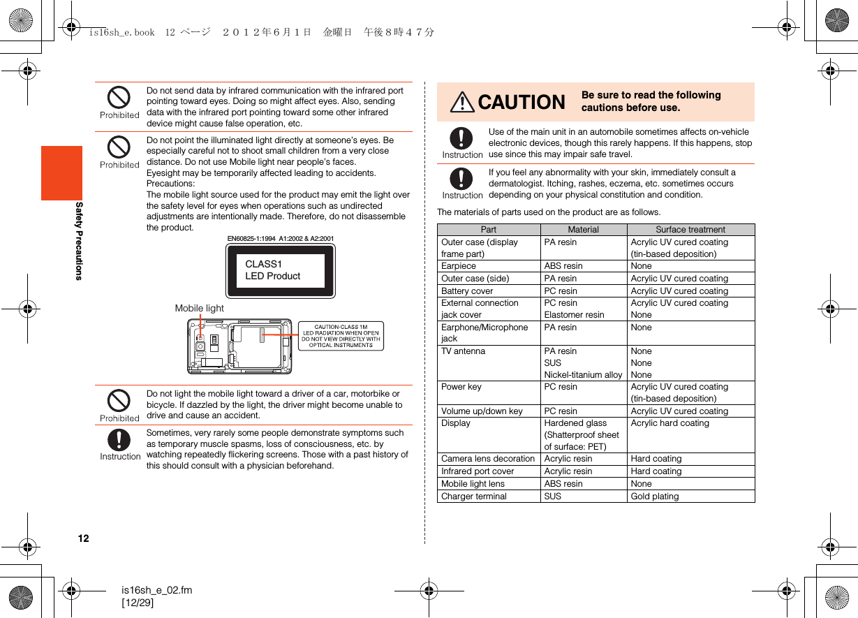 12is16sh_e_02.fm[12/29]Safety PrecautionsThe materials of parts used on the product are as follows.Do not send data by infrared communication with the infrared port pointing toward eyes. Doing so might affect eyes. Also, sending data with the infrared port pointing toward some other infrared device might cause false operation, etc.Do not point the illuminated light directly at someone’s eyes. Be especially careful not to shoot small children from a very close distance. Do not use Mobile light near people’s faces. Eyesight may be temporarily affected leading to accidents.Precautions:The mobile light source used for the product may emit the light over the safety level for eyes when operations such as undirected adjustments are intentionally made. Therefore, do not disassemble the product.Do not light the mobile light toward a driver of a car, motorbike or bicycle. If dazzled by the light, the driver might become unable to drive and cause an accident.Sometimes, very rarely some people demonstrate symptoms such as temporary muscle spasms, loss of consciousness, etc. by watching repeatedly flickering screens. Those with a past history of this should consult with a physician beforehand.EN60825-1:1994  A1:2002 &amp; A2:2001CLASS1 LED ProductMobile lightInstructionCAUTION Be sure to read the following cautions before use.Use of the main unit in an automobile sometimes affects on-vehicle electronic devices, though this rarely happens. If this happens, stop use since this may impair safe travel.If you feel any abnormality with your skin, immediately consult a dermatologist. Itching, rashes, eczema, etc. sometimes occurs depending on your physical constitution and condition. Part Material Surface treatmentOuter case (display frame part)PA resin Acrylic UV cured coating (tin-based deposition)Earpiece ABS resin None Outer case (side) PA resin Acrylic UV cured coating Battery cover PC resin Acrylic UV cured coatingExternal connection jack coverPC resinElastomer resinAcrylic UV cured coatingNoneEarphone/Microphone jackPA resin NoneTV antenna PA resinSUSNickel-titanium alloyNoneNoneNonePower key PC resin Acrylic UV cured coating (tin-based deposition)Volume up/down key PC resin Acrylic UV cured coatingDisplay Hardened glass (Shatterproof sheet of surface: PET)Acrylic hard coatingCamera lens decoration Acrylic resin Hard coatingInfrared port cover Acrylic resin Hard coatingMobile light lens ABS resin NoneCharger terminal SUS Gold platingInstructionInstructionis16sh_e.book  12 ページ  ２０１２年６月１日　金曜日　午後８時４７分