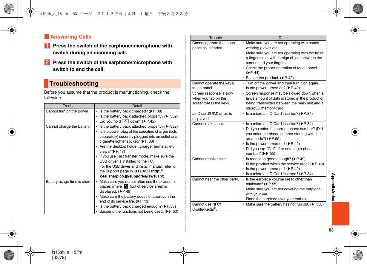 63is16sh_e_18.fm[63/79]Appendix/Index■Answering CallsAPress the switch of the earphone/microphone with switch during an incoming call.BPress the switch of the earphone/microphone with switch to end the call.Before you assume that the product is malfunctioning, check the following:TroubleshootingTrouble DetailCannot turn on the power. •Is the battery pack charged? (zP.38)•Is the battery pack attached properly? (zP.32)•Did you hold f down? (zP.42)Cannot charge the battery. •Is the battery pack attached properly? (zP.32)•Is the power plug of the specified charger (sold separately) securely plugged into an outlet or a cigarette lighter socket? (zP.38)•Are the desktop holder, charger terminal, etc. clean? (zP.17)•If you use Fast transfer mode, make sure the USB driver is installed to the PC.For the USB driver and install manual, refer to the Support page in SH DASH (http://k-tai.sharp.co.jp/support/a/isw16sh/).Battery usage time is short. •Make sure you do not often use the product in places where   (out of service area) is displayed. (zP.49)•Make sure the battery does not approach the end of its service life. (zP.13)•Is the battery pack charged enough? (zP.38)•Suspend the functions not being used. (zP.50)Cannot operate the touch panel as intended.•Make sure you are not operating with hands wearing gloves etc.•Make sure you are not operating with the tip of a fingernail or with foreign object between the screen and your fingers.•Check the proper operation of touch panel. (zP.44)•Restart the product. (zP.42)Cannot operate the keys/touch panel.•Turn off the power and then turn it on again.•Is the power turned on? (zP.42)Screen response is slow when you tap on the screen/press the keys.•Screen response may be slowed down when a large amount of data is stored in the product or being transmitted between the main unit and a microSD memory card.auIC card(UIM) error. is displayed.•Is a micro au IC-Card inserted? (zP.34)Cannot make calls. •Is a micro au IC-Card inserted? (zP.34)•Did you enter the correct phone number? (Did you enter the phone number starting with the area code?) (zP.55)•Is the power turned on? (zP.42)•Did you tap “Call” after entering a phone number? (zP.55)Cannot receive calls. •Is reception good enough? (zP.49)•Is the product within the service area? (zP.49)•Is the power turned on? (zP.42)•Is a micro au IC-Card inserted? (zP.34)Cannot hear the other party. •Is the earpiece volume set to other than minimum? (zP.55)•Make sure you are not covering the earpiece with your ear.Place the earpiece over your earhole.Cannot use NFC/Osaifu-Keitai®.•Make sure the battery has not run out. (zP.38)Trouble Detailis16sh_e_18.fm  63 ページ  ２０１２年６月４日　月曜日　午後３時３３分