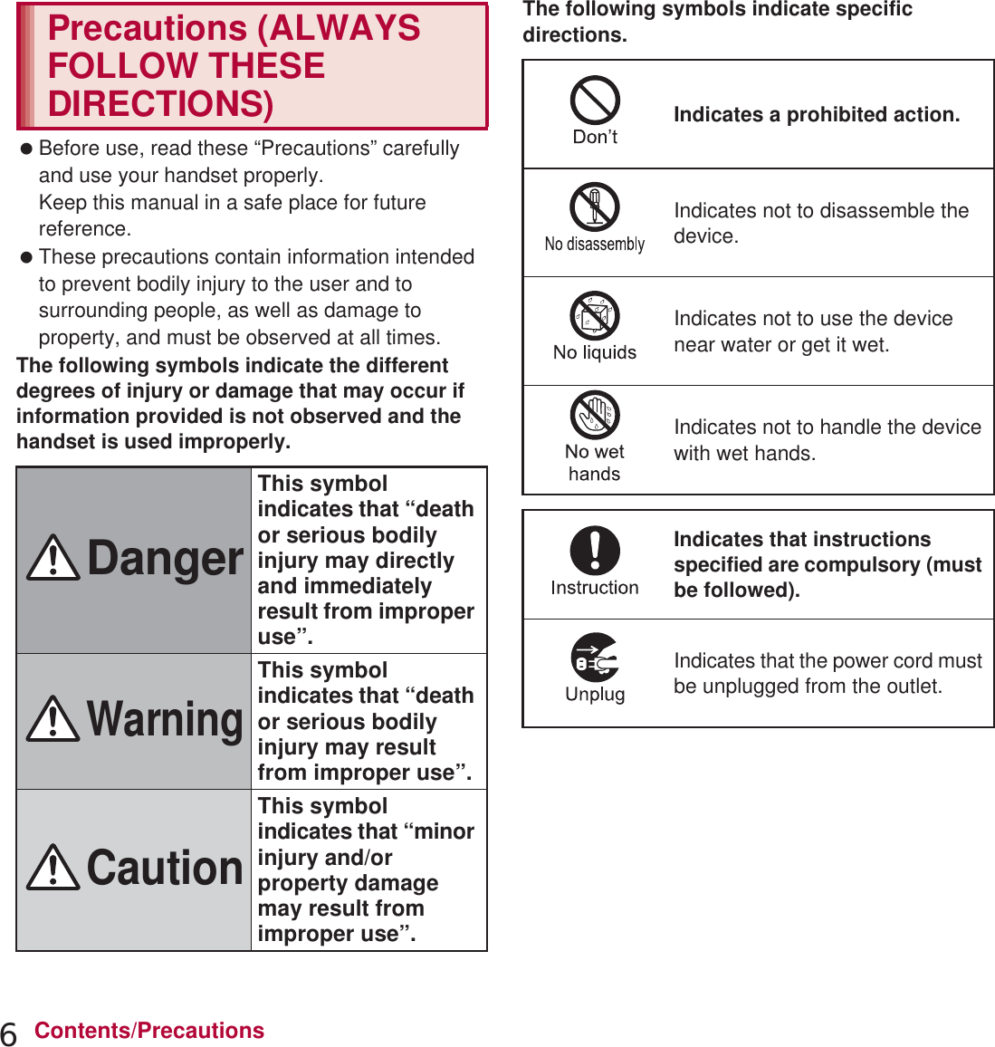 6Contents/Precautions Before use, read these “Precautions” carefully and use your handset properly.Keep this manual in a safe place for future reference. These precautions contain information intended to prevent bodily injury to the user and to surrounding people, as well as damage to property, and must be observed at all times.The following symbols indicate the different degrees of injury or damage that may occur if information provided is not observed and the handset is used improperly.The following symbols indicate specific directions.Precautions (ALWAYS FOLLOW THESE DIRECTIONS)DangerThis symbol indicates that “death or serious bodily injury may directly and immediately result from improper use”.WarningThis symbol indicates that “death or serious bodily injury may result from improper use”.CautionThis symbol indicates that “minor injury and/or property damage may result from improper use”.Indicates a prohibited action.Indicates not to disassemble the device.Indicates not to use the device near water or get it wet.Indicates not to handle the device with wet hands.Indicates that instructions specified are compulsory (must be followed).Indicates that the power cord must be unplugged from the outlet.