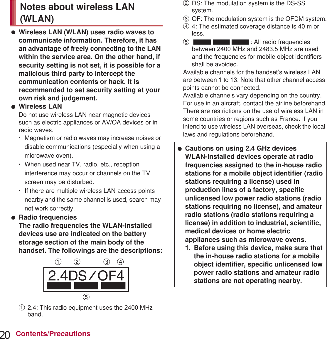 20 Contents/Precautions Wireless LAN (WLAN) uses radio waves to communicate information. Therefore, it has an advantage of freely connecting to the LAN within the service area. On the other hand, if security setting is not set, it is possible for a malicious third party to intercept the communication contents or hack. It is recommended to set security setting at your own risk and judgement. Wireless LANDo not use wireless LAN near magnetic devices such as electric appliances or AV/OA devices or in radio waves.ƦMagnetism or radio waves may increase noises or disable communications (especially when using a microwave oven).ƦWhen used near TV, radio, etc., reception interference may occur or channels on the TV screen may be disturbed.ƦIf there are multiple wireless LAN access points nearby and the same channel is used, search may not work correctly. Radio frequenciesThe radio frequencies the WLAN-installed devices use are indicated on the battery storage section of the main body of the handset. The followings are the descriptions:ӱ2.4: This radio equipment uses the 2400 MHz band.ӲDS: The modulation system is the DS-SS system.ӳOF: The modulation system is the OFDM system.Ӵ4: The estimated coverage distance is 40 m or less.ӵ: All radio frequencies between 2400 MHz and 2483.5 MHz are used and the frequencies for mobile object identifiers shall be avoided.Available channels for the handset’s wireless LAN are between 1 to 13. Note that other channel access points cannot be connected.Available channels vary depending on the country.For use in an aircraft, contact the airline beforehand.There are restrictions on the use of wireless LAN in some countries or regions such as France. If you intend to use wireless LAN overseas, check the local laws and regulations beforehand.Notes about wireless LAN (WLAN)ӱġ Ӳġ ӳġ Ӵġӵġ Cautions on using 2.4 GHz devicesWLAN-installed devices operate at radio frequencies assigned to the in-house radio stations for a mobile object identifier (radio stations requiring a license) used in production lines of a factory, specific unlicensed low power radio stations (radio stations requiring no license), and amateur radio stations (radio stations requiring a license) in addition to industrial, scientific, medical devices or home electric appliances such as microwave ovens.1. Before using this device, make sure that the in-house radio stations for a mobile object identifier, specific unlicensed low power radio stations and amateur radio stations are not operating nearby.