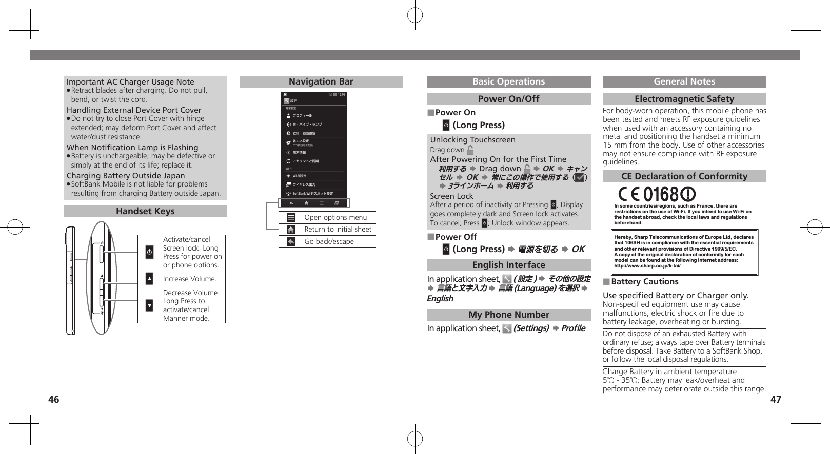 4647Basic OperationsPower On/OffPower On ■ N (Long Press)Unlocking TouchscreenDrag down  .After Powering On for the First Time利用する S Drag down   S OK S キャンセル S OK S 常にこの操作で使用する ( ) S 3ラインホーム S 利用するScreen LockAfter a period of inactivity or Pressing N, Display goes completely dark and Screen lock activates. To cancel, Press N; Unlock window appears.Power Off ■ N (Long Press) S 電源を切る S OKEnglish InterfaceIn application sheet,  (設定) S その他の設定 S 言語と文字入力 S 言語(Language)を選択 S EnglishMy Phone NumberIn application sheet,  (Settings)  S Proﬁ leGeneral NotesElectromagnetic SafetyFor body-worn operation, this mobile phone has been tested and meets RF exposure guidelines when used with an accessory containing no metal and positioning the handset a minimum 15 mm from the body. Use of other accessories may not ensure compliance with RF exposure guidelines.CE Declaration of ConformityIn some countries/regions, such as France, there are restrictions on the use of Wi-Fi. If you intend to use Wi-Fi on the handset abroad, check the local laws and regulations beforehand.Hereby, Sharp Telecommunications of Europe Ltd, declaresthat 106SH is in compliance with the essential requirements and other relevant provisions of Directive 1999/5/EC.A copy of the original declaration of conformity for each model can be found at the following Internet address:http://www.sharp.co.jp/k-tai/Battery Cautions ■Use speciﬁ ed Battery or Charger only.Non-speciﬁ ed equipment use may cause malfunctions, electric shock or ﬁ re due to battery leakage, overheating or bursting.Do not dispose of an exhausted Battery with ordinary refuse; always tape over Battery terminals before disposal. Take Battery to a SoftBank Shop, or follow the local disposal regulations.Charge Battery in ambient temperature 5℃ - 35℃; Battery may leak/overheat and performance may deteriorate outside this range.Important AC Charger Usage NoteRetract blades after charging. Do not pull,  .bend, or twist the cord.Handling External Device Port CoverDo not try to close Port Cover with hinge  .extended; may deform Port Cover and affect water/dust resistance.When Notiﬁ cation Lamp is FlashingBattery is unchargeable; may be defective or  .simply at the end of its life; replace it.Charging Battery Outside JapanSoftBank Mobile is not liable for problems  .resulting from charging Battery outside Japan.Handset KeysNActivate/cancel Screen lock. Long Press for power on or phone options.EIncrease Volume.FDecrease Volume. Long Press to activate/cancel Manner mode.Navigation BarOpen options menuReturn to initial sheetGo back/escape