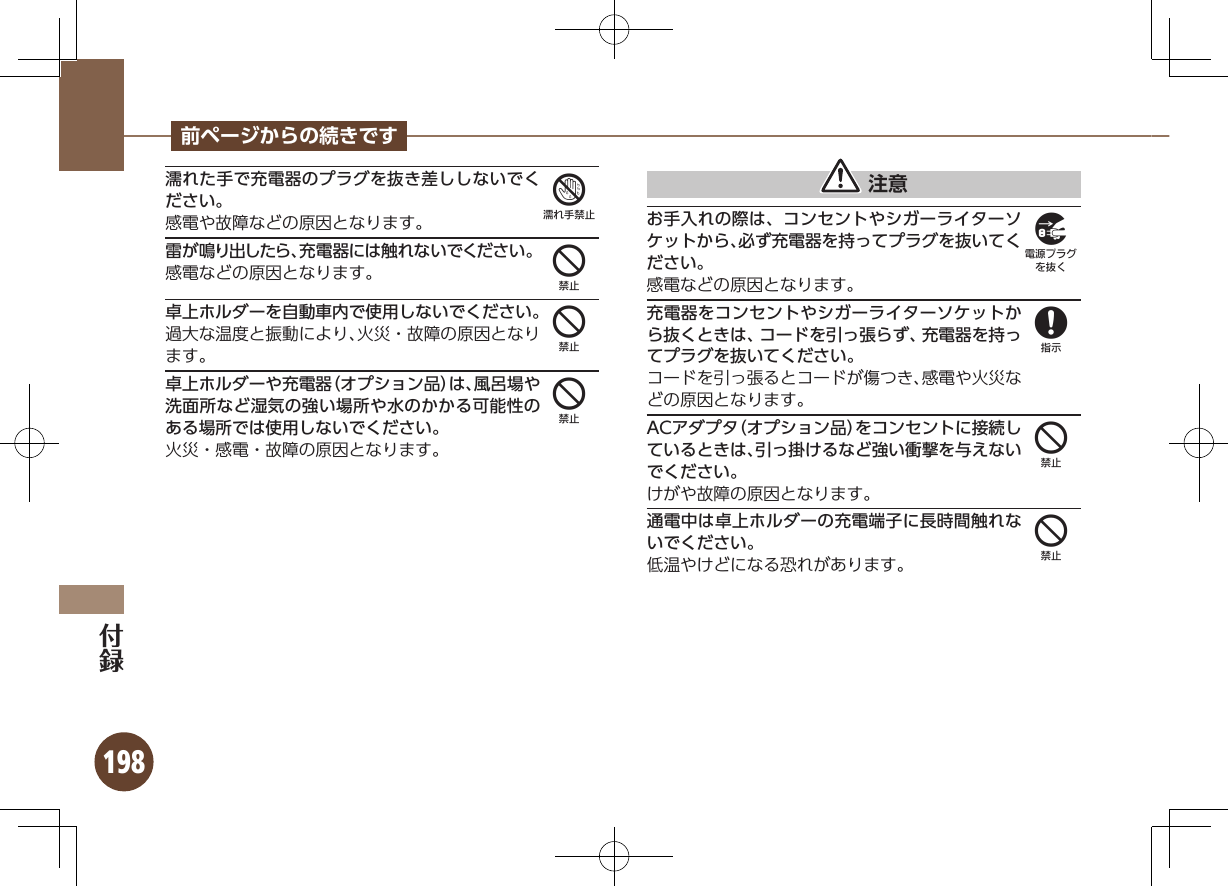 198前ページからの続きです濡れた手で充電器のプラグを抜き差ししないでください。感電や故障などの原因となります。雷が鳴り出したら、充電器には触れないでください。感電などの原因となります。卓上ホルダーを自動車内で使用しないでください。過大な温度と振動により、火災・故障の原因となります。卓上ホルダーや充電器（オプション品）は、風呂場や洗面所など湿気の強い場所や水のかかる可能性のある場所では使用しないでください。火災・感電・故障の原因となります。 注意お手入れの際は、コンセントやシガーライターソケットから、必ず充電器を持ってプラグを抜いてください。感電などの原因となります。充電器をコンセントやシガーライターソケットから抜くときは、コードを引っ張らず、充電器を持ってプラグを抜いてください。コードを引っ張るとコードが傷つき、感電や火災などの原因となります。ACアダプタ（オプション品）をコンセントに接続しているときは、引っ掛けるなど強い衝撃を与えないでください。けがや故障の原因となります。通電中は卓上ホルダーの充電端子に長時間触れないでください。低温やけどになる恐れがあります。74449844