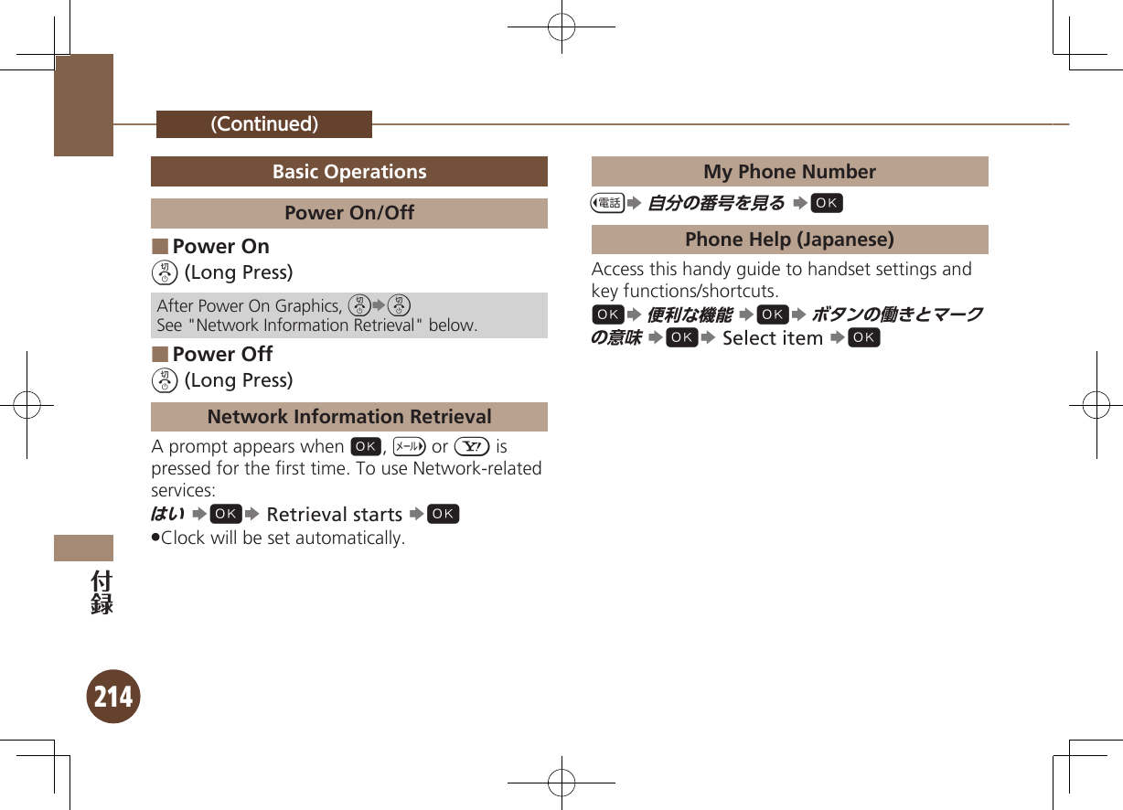 214(Continued)Basic OperationsPower On/OffPower On ■&quot; (Long Press)After Power On Graphics, &quot;S&quot;See &quot;Network Information Retrieval&quot; below.Power Off ■&quot; (Long Press)Network Information RetrievalA prompt appears when %, d or A is  pressed for the ﬁrst time. To use Network-related services:はい S%S Retrieval starts S%Clock will be set automatically. .My Phone NumbercS 自分の番号を見る S%Phone Help (Japanese)Access this handy guide to handset settings and key functions/shortcuts.%S便利な機能S%Sボタンの働きとマークの意味S%S Select item S%
