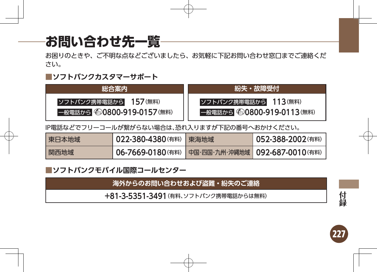 227お困りのときや、ご不明な点などございましたら、お気軽に下記お問い合わせ窓口までご連絡ください。ソフトバンクカスタマーサポート ■総合案内 紛失・故障受付ソフトバンク携帯電話から  157（無料）一般電話から  j0800-919-0157（無料）ソフトバンク携帯電話から  113（無料）一般電話から   j0800-919-0113（無料）IP電話などでフリーコールが繋がらない場合は、恐れ入りますが下記の番号へおかけください。東日本地域022-380-4380（有料） 東海地域052-388-2002（有料）関西地域06-7669-0180（有料）中国･四国･九州･沖縄地域092-687-0010（有料）ソフトバンクモバイル国際コールセンター ■海外からのお問い合わせおよび盗難・紛失のご連絡+81-3-5351-3491（有料、ソフトバンク携帯電話からは無料）お問い合わせ先一覧