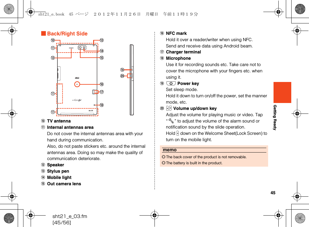 45sht21_e_03.fm[45/56]Getting Ready■Back/Right SideJTV antennaKInternal antennas areaDo not cover the internal antennas area with your hand during communication.Also, do not paste stickers etc. around the internal antennas area. Doing so may make the quality of communication deteriorate.LSpeakerMStylus penNMobile lightOOut camera lensPNFC markHold it over a reader/writer when using NFC.Send and receive data using Android beam.QCharger terminalRMicrophoneUse it for recording sounds etc. Take care not to cover the microphone with your fingers etc. when using it.Sf Power keySet sleep mode.Hold it down to turn on/off the power, set the manner mode, etc.Tud Volume up/down keyAdjust the volume for playing music or video. Tap “ ” to adjust the volume of the alarm sound or notification sound by the slide operation.Hold u down on the Welcome Sheet(Lock Screen) to turn on the mobile light.memo◎The back cover of the product is not removable.◎The battery is built in the product.sht21_e.book  45 ページ  ２０１２年１１月２６日　月曜日　午前１１時１９分