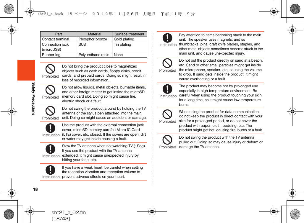 18sht21_e_02.fm[18/43]Safety PrecautionsContact terminal Phosphor bronze Gold platingConnection jack (microUSB)SUS Tin platingRubber leg Polyurethane resin NoneDo not bring the product close to magnetized objects such as cash cards, floppy disks, credit cards, and prepaid cards. Doing so might result in loss of recorded information.Do not allow liquids, metal objects, burnable items, and other foreign matter to get inside the microSD memory card slot. Doing so might cause fire, electric shock or a fault.Do not swing the product around by holding the TV antenna or the stylus pen attached into the main unit. Doing so might cause an accident or damage.Use the product with the external connection jack cover, microSD memory card/au Micro IC Card (LTE) cover, etc. closed. If the covers are open, dirt or water may get inside causing a fault.Stow the TV antenna when not watching TV (1Seg). If you use the product with the TV antenna extended, it might cause unexpected injury by hitting your face, etc.If you have a weak heart, be careful when setting the reception vibration and reception volume to prevent adverse effects on your heart.Part Material Surface treatmentProhibitedProhibitedProhibitedInstructionInstructionInstructionPay attention to items becoming stuck to the main unit. The speaker uses magnets, and so thumbtacks, pins, craft knife blades, staples, and other metal objects sometimes become stuck to the main unit, and cause unexpected injury.Do not put the product directly on sand at a beach, etc. Sand or other small particles might get inside the microphone, speaker, etc. causing the volume to drop. If sand gets inside the product, it might cause overheating or a fault.The product may become hot by prolonged use especially in high-temperature environment. Be careful when using the product touching your skin for a long time, as it might cause low-temperature burns.When using the product for data communication, do not keep the product in direct contact with your skin for a prolonged period, or do not cover the product with paper, cloth, bedding, etc. The product might get hot, causing fire, burns or a fault. Do not swing the product with the TV antenna pulled out. Doing so may cause injury or deform or damage the TV antenna.InstructionProhibitedInstructionProhibitedProhibitedsht21_e.book  18 ページ  ２０１２年１１月２６日　月曜日　午前１１時１９分