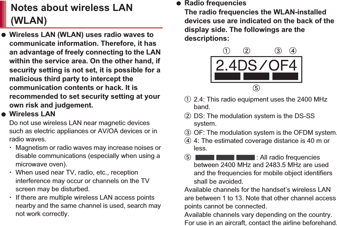 19Contents/Precautions Wireless LAN (WLAN) uses radio waves to communicate information. Therefore, it has an advantage of freely connecting to the LAN within the service area. On the other hand, if security setting is not set, it is possible for a malicious third party to intercept the communication contents or hack. It is recommended to set security setting at your own risk and judgement. Wireless LANDo not use wireless LAN near magnetic devices such as electric appliances or AV/OA devices or in radio waves.ƦMagnetism or radio waves may increase noises or disable communications (especially when using a microwave oven).ƦWhen used near TV, radio, etc., reception interference may occur or channels on the TV screen may be disturbed.ƦIf there are multiple wireless LAN access points nearby and the same channel is used, search may not work correctly. Radio frequenciesThe radio frequencies the WLAN-installed devices use are indicated on the back of the display side. The followings are the descriptions:ӱ2.4: This radio equipment uses the 2400 MHz band.ӲDS: The modulation system is the DS-SS system.ӳOF: The modulation system is the OFDM system.Ӵ4: The estimated coverage distance is 40 m or less.ӵ: All radio frequencies between 2400 MHz and 2483.5 MHz are used and the frequencies for mobile object identifiers shall be avoided.Available channels for the handset’s wireless LAN are between 1 to 13. Note that other channel access points cannot be connected.Available channels vary depending on the country.For use in an aircraft, contact the airline beforehand.Notes about wireless LAN (WLAN)ӱġ Ӳġ ӳġ Ӵġӵġ