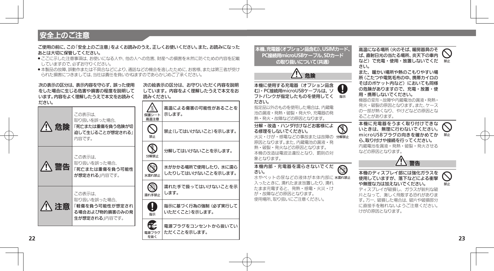 22 23本機、充電器（オプション品含む）、USIMカード、PC接続用microUSBケーブル、SDカード の取り扱いについて（共通） 危険本機に使用する充電器（オプション品含む）・PC接続用microUSBケーブルは、ソフトバンクが指定したものを使用してください。指定品以外のものを使用した場合は、内蔵電池の漏液・発熱・破裂・発火や、充電器の発熱・発火・故障などの原因となります。分解・改造・ハンダ付けなどお客様による修理をしないでください。火災・けが・感電などの事故または故障の原因となります。また、内蔵電池の漏液・発熱・破裂・発火などの原因となります。本機の改造は電波法違反となり、罰則の対象となります。本機内部・充電器を濡らさないでくだ さい。水やペットの尿などの液体が本体内部に入ったときに、濡れたまま放置したり、濡れたまま充電すると、発熱・感電・火災・けが・故障などの原因となります。使用場所、取り扱いにご注意ください。高温になる場所（火のそば、暖房器具のそば、直射日光の当たる場所、炎天下の車内など）で充電・使用・放置しないでください。       また、暖かい場所や熱のこもりやすい場所（こたつや電気毛布の中、携帯カイロのそばのポケット内など）においても同様の危険がありますので、充電・放置・使用・携帯しないでください。機器の変形・故障や内蔵電池の漏液・発熱・発火・破裂の原因となります。また、ケースの一部が熱くなり、やけどなどの原因となることがあります。本機に充電器をうまく取り付けできないときは、無理に行わないでください。microUSBプラグの向きを確かめてから、取り付けや接続を行ってください。内蔵電池を漏液・発熱・破裂・発火させるなどの原因となります。 警告本機のディスプレイ部には強化ガラスを使用していますが、落下などによる衝撃や無理な力は加えないでください。ディスプレイが破損し、ガラスが鋭利な破片となって、激しく飛散する恐れがあります。万一、破損した場合は、破片や破損部分に直接手を触れないようご注意ください。けがの原因となります。856444次の表示の区分は、表示内容を守らず、誤った使用をした場合に生じる危害や損害の程度を説明しています。内容をよく理解したうえで本文をお読みください。 危険この表示は、取り扱いを誤った場合、「死亡または重傷を負う危険が切迫して生じることが想定される」 内容です。 警告この表示は、取り扱いを誤った場合、「死亡または重傷を負う可能性が想定される」内容です。 注意この表示は、取り扱いを誤った場合、「軽傷を負う可能性が想定される場合および物的損害のみの発生が想定される」内容です。次の絵表示の区分は、お守りいただく内容を説明しています。内容をよく理解したうえで本文をお読みください。t高温による傷害の可能性があることを示します。4禁止（してはいけないこと）を示します。5分解してはいけないことを示します。6水がかかる場所で使用したり、水に濡らしたりしてはいけないことを示します。7濡れた手で扱ってはいけないことを示します。8指示に基づく行為の強制（必ず実行していただくこと）を示します。9電源プラグをコンセントから抜いていただくことを示します。ご使用の前に、この「安全上のご注意」をよくお読みのうえ、正しくお使いください。また、お読みになったあとは大切に保管してください。ここに示した注意事項は、お使いになる人や、他の人への危害、財産への損害を未然に防ぐための内容を記載 .していますので、必ずお守りください。本製品の故障、誤動作または不具合などにより、通話などの機会を逸したために、お客様、または第三者が受け .られた損害につきましては、当社は責任を負いかねますのであらかじめご了承ください。安全上のご注意