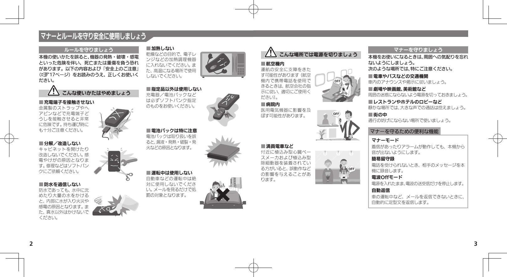 2 3マナーとルールを守り安全に使用しましょうルールを守りましょう本機の使いかたを誤ると、機器の発熱・破壊・感電といった危険を伴い、死亡または重傷を負う恐れがあります。以下の内容および「安全上のご注意」（A17ページ）をお読みのうえ、正しくお使いください。 こんな使いかたはやめましょう充電端子を接触させない ■金属製のストラップやヘアピンなどで充電端子どうしを接触させると非常に危険です。持ち運び時にも十分ご注意ください。分解／改造しない ■キャビネットを開けたり改造しないでください。感電やけがの原因となります。修理などはソフトバンクにご依頼ください。防水を過信しない ■防水であっても、水中に沈めたり大量の水をかけると、内部に水が入り火災や感電の原因となります。また、真水以外はかけないでください。加熱しない ■乾燥などの目的で、電子レンジなどの加熱調理機器に入れないでください。また、高温になる場所で使用しないでください。指定品以外は使用しない ■充電器／電池パックなどは必ずソフトバンク指定のものをお使いください。電池パックは特に注意 ■電池パックは取り扱いを誤ると、漏液・発熱・破裂・発火などの原因となります。運転中は使用しない ■自動車などの運転中は絶対に使用しないでください。メールを見るだけで処罰の対象となります。 こんな場所では電源を切りましょう航空機内 ■運航の安全に支障をきたす可能性があります（航空機内で携帯電話を使用できるときは、航空会社の指示に従い、適切にご使用ください）。病院内 ■医用電気機器に影響を及ぼす可能性があります。満員電車など ■付近に植込み型心臓ペースメーカおよび植込み型除細動器を装着されている方がいると、誤動作などの影響を与えることがあります。マナーを守りましょう本機をお使いになるときは、周囲への気配りを忘れないようにしましょう。次のような場所では、特にご注意ください。電車やバスなどの交通機関 ■車内のアナウンスや掲示に従いましょう。劇場や映画館、美術館など ■周囲の迷惑にならないよう電源を切っておきましょう。レストランやホテルのロビーなど ■静かな場所では、大きな声での通話は控えましょう。街の中 ■通行の妨げにならない場所で使いましょう。マナーを守るための便利な機能マナーモード着信があったりアラームが動作しても、本機から音が出ないようにします。簡易留守録電話を受けられないとき、相手のメッセージを本機に録音します。電波Offモード電源を入れたまま、電波の送受信だけを停止します。自動返信車の運転中など、メールを返信できないときに、自動的に定型文を返信します。