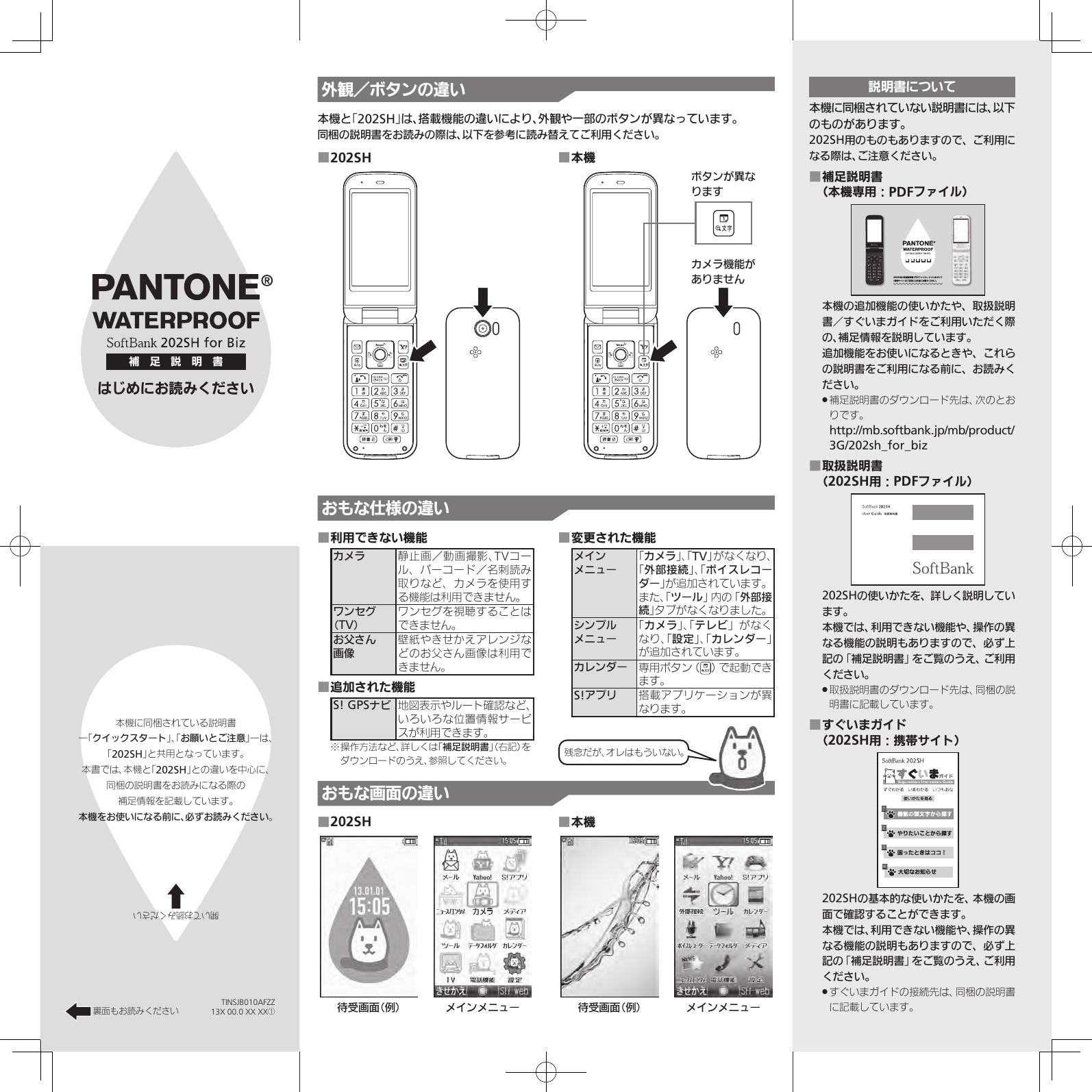 外観／ボタンの違い本機と「202SH」は、搭載機能の違いにより、外観や一部のボタンが異なっています。同梱の説明書をお読みの際は、以下を参考に読み替えてご利用ください。202SH ■本機 ■カメラ機能がありませんボタンが異なりますTINSJB010AFZZ13X 00.0 XX XX①本機に同梱されている説明書―「クイックスタート」、「お願いとご注意」―は、「202SH」と共用となっています。本書では、本機と「202SH」との違いを中心に、同梱の説明書をお読みになる際の補足情報を記載しています。本機をお使いになる前に、必ずお読みください。補　足　説　明　書はじめにお読みくださいおもな仕様の違い利用できない機能 ■カメラ 静止画／動画撮影、TVコール、バーコード／名刺読み取りなど、カメラを使用する機能は利用できません。ワンセグ（TV）ワンセグを視聴することはできません。お父さん画像壁紙やきせかえアレンジなどのお父さん画像は利用できません。追加された機能 ■S! GPSナビ 地図表示やルート確認など、いろいろな位置情報サービスが利用できます。※ 操作方法など、詳しくは「補足説明書」（右記）をダウンロードのうえ、参照してください。変更された機能 ■メインメニュー「カメラ」、「TV」がなくなり、「外部接続」、「ボイスレコーダー」が追加されています。また、「ツール」内の「外部接続」タブがなくなりました。シンプルメニュー「カメラ」、「テレビ」がなくなり、「設定」、「カレンダー」が追加されています。カレンダー 専用ボタン（ ）で起動できます。S!アプリ 搭載アプリケーションが異なります。開いてお読みください裏面もお読みくださいおもな画面の違い202SH ■待受画面（例） メインメニュー本機 ■待受画面（例） メインメニュー説明書について本機に同梱されていない説明書には、以下のものがあります。202SH用のものもありますので、ご利用になる際は、ご注意ください。補足説明書    ■（本機専用：PDFファイル）ⓝ ❣ ◻ ᅽ ሤ202SH᧸ǽۄཟ◻ᅽሤ⾷PDFɝȩȬɳ⾸ƸǨǟǓȍȴȬɑ⾷ၩేȽȬɐ⾸ȡǣ֐᧸ǺǹȚ֭ǺǙ◼ȎǞǯǤǓƹ本機の追加機能の使いかたや、取扱説明書／すぐいまガイドをご利用いただく際の、補足情報を説明しています。追加機能をお使いになるときや、これらの説明書をご利用になる前に、お読みください。補足説明書のダウンロード先は、次のとお .りです。http://mb.softbank.jp/mb/product/3G/202sh_for_biz取扱説明書    ■（202SH用：PDFファイル）202SHの使いかたを、詳しく説明しています。本機では、利用できない機能や、操作の異なる機能の説明もありますので、必ず上記の「補足説明書」をご覧のうえ、ご利用ください。取扱説明書のダウンロード先は、同梱の説 .明書に記載しています。すぐいまガイド    ■（202SH用：携帯サイト）202SHの基本的な使いかたを、本機の画面で確認することができます。本機では、利用できない機能や、操作の異なる機能の説明もありますので、必ず上記の「補足説明書」をご覧のうえ、ご利用ください。すぐいまガイドの接続先は、同梱の説明書 .に記載しています。残念だが、オレはもういない。