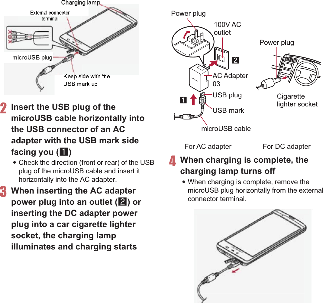 36 Before Using the Handset2Insert the USB plug of the microUSB cable horizontally into the USB connector of an AC adapter with the USB mark side facing you (1):Check the direction (front or rear) of the USB plug of the microUSB cable and insert it horizontally into the AC adapter.3When inserting the AC adapter power plug into an outlet (2) or inserting the DC adapter power plug into a car cigarette lighter socket, the charging lamp illuminates and charging starts4When charging is complete, the charging lamp turns off:When charging is complete, remove the microUSB plug horizontally from the external connector terminal.External connectorterminalCharging lampmicroUSB plug (with USB mark up)100V ACoutletCigarettelighter socketFor AC adapter For DC adapterUSB markmicroUSB cableAC Adapter03Power plugPower plugUSB plug