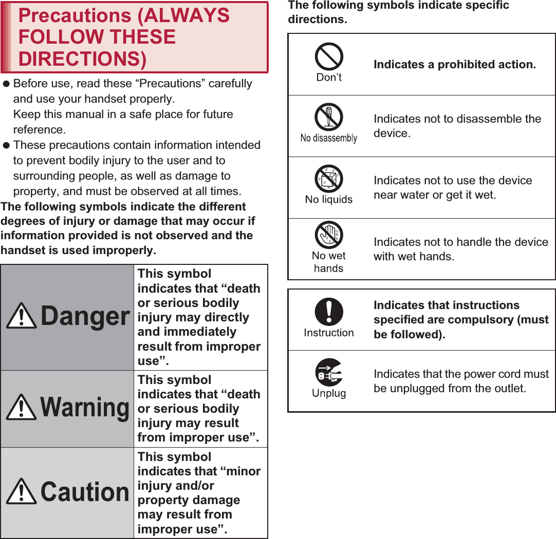 6Contents/Precautions Before use, read these “Precautions” carefully and use your handset properly.Keep this manual in a safe place for future reference. These precautions contain information intended to prevent bodily injury to the user and to surrounding people, as well as damage to property, and must be observed at all times.The following symbols indicate the different degrees of injury or damage that may occur if information provided is not observed and the handset is used improperly.The following symbols indicate specific directions.Precautions (ALWAYS FOLLOW THESE DIRECTIONS)DangerThis symbol indicates that “death or serious bodily injury may directly and immediately result from improper use”.WarningThis symbol indicates that “death or serious bodily injury may result from improper use”.CautionThis symbol indicates that “minor injury and/or property damage may result from improper use”.Indicates a prohibited action.Indicates not to disassemble the device.Indicates not to use the device near water or get it wet.Indicates not to handle the device with wet hands.Indicates that instructions specified are compulsory (must be followed).Indicates that the power cord must be unplugged from the outlet.