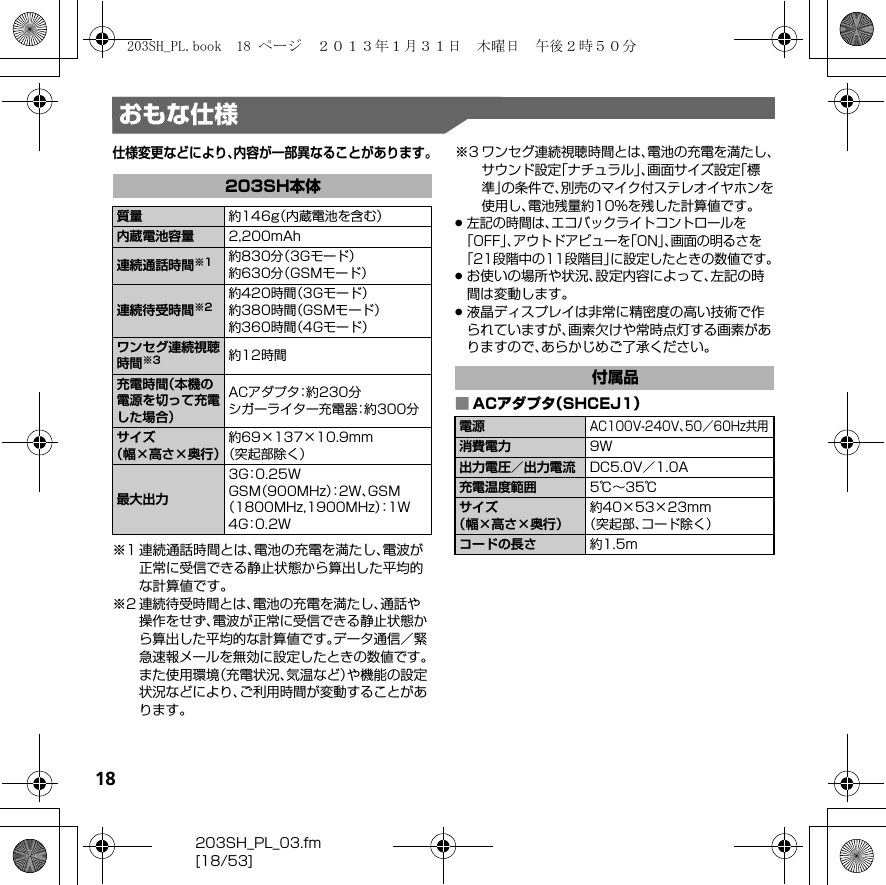 18203SH_PL_03.fm[18/53]おもな仕様仕様変更などにより、内容が一部異なることがあります。※1 連続通話時間とは、電池の充電を満たし、電波が正常に受信できる静止状態から算出した平均的な計算値です。※2連続待受時間とは、電池の充電を満たし、通話や操作をせず、電波が正常に受信できる静止状態から算出した平均的な計算値です。データ通信／緊急速報メールを無効に設定したときの数値です。また使用環境（充電状況、気温など）や機能の設定状況などにより、ご利用時間が変動することがあります。※3ワンセグ連続視聴時間とは、電池の充電を満たし、サウンド設定「ナチュラル」、画面サイズ設定「標準」の条件で、別売のマイク付ステレオイヤホンを使用し、電池残量約10%を残した計算値です。.左記の時間は、エコバックライトコントロールを「OFF」、アウトドアビューを「ON」、画面の明るさを「21段階中の11段階目」に設定したときの数値です。.お使いの場所や状況、設定内容によって、左記の時間は変動します。.液晶ディスプレイは非常に精密度の高い技術で作られていますが、画素欠けや常時点灯する画素がありますので、あらかじめご了承ください。■ACアダプタ（SHCEJ1）203SH本体質量 約146g（内蔵電池を含む）内蔵電池容量 2,200mAh連続通話時間※1 約830分（3Gモード）約630分（GSMモード）連続待受時間※2約420時間（3Gモード）約380時間（GSMモード）約360時間（4Gモード）ワンセグ連続視聴時間※3 約12時間充電時間（本機の電源を切って充電した場合）ACアダプタ：約230分シガーライター充電器：約300分サイズ（幅×高さ×奥行）約69×137×10.9mm（突起部除く）最大出力3G：0 . 2 5 WGSM（900MHz）：2 W 、GSM（1800MHz,1900MHz）：1 W4G：0 . 2 W付属品電源AC100V-240V、50／60Hz共用消費電力 9W出力電圧／出力電流 DC5.0V／1.0A充電温度範囲 5℃∼35℃サイズ（幅×高さ×奥行）約40×53×23mm（突起部、コード除く）コードの長さ 約1.5m203SH_PL.book  18 ページ  ２０１３年１月３１日　木曜日　午後２時５０分