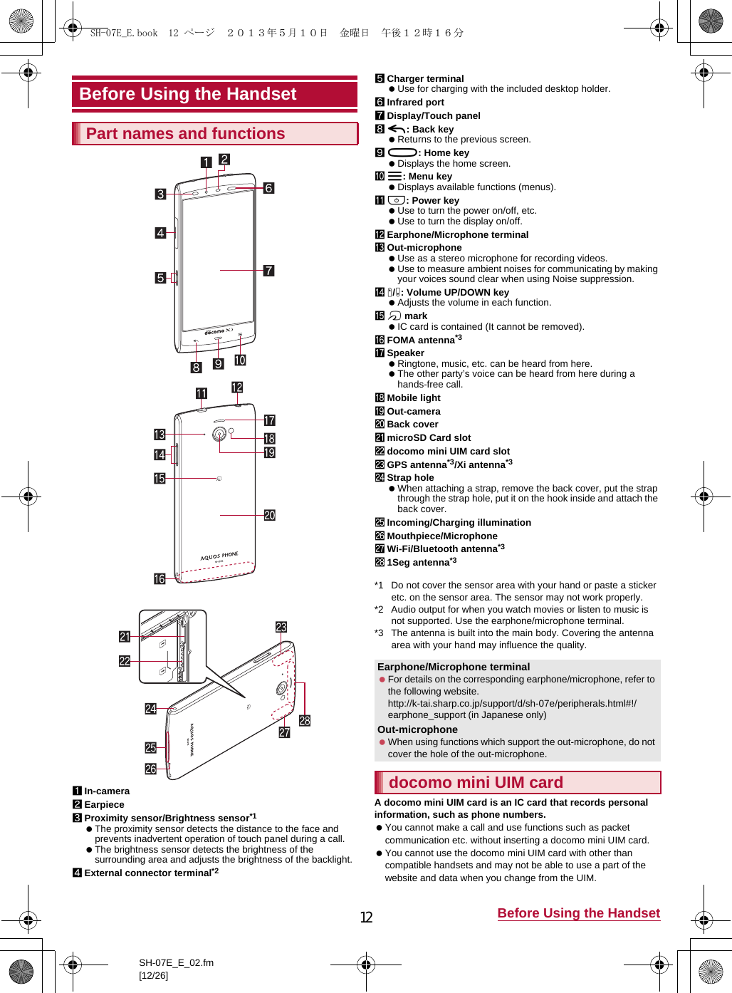 12 Before Using the HandsetSH-07E_E_02.fm[12/26]1In-camera2Earpiece3Proximity sensor/Brightness sensor*1 The proximity sensor detects the distance to the face and prevents inadvertent operation of touch panel during a call. The brightness sensor detects the brightness of the surrounding area and adjusts the brightness of the backlight.4External connector terminal*25Charger terminal Use for charging with the included desktop holder.6Infrared port7Display/Touch panel8{: Back key Returns to the previous screen.9|: Home key Displays the home screen.az: Menu key Displays available functions (menus).bH: Power key Use to turn the power on/off, etc. Use to turn the display on/off.cEarphone/Microphone terminaldOut-microphone Use as a stereo microphone for recording videos. Use to measure ambient noises for communicating by making your voices sound clear when using Noise suppression.ex/y: Volume UP/DOWN key Adjusts the volume in each function.fa mark IC card is contained (It cannot be removed).gFOMA antenna*3hSpeaker Ringtone, music, etc. can be heard from here. The other party’s voice can be heard from here during a hands-free call.iMobile lightjOut-camerakBack coverlmicroSD Card slotmdocomo mini UIM card slotnGPS antenna*3/Xi antenna*3oStrap hole When attaching a strap, remove the back cover, put the strap through the strap hole, put it on the hook inside and attach the back cover.pIncoming/Charging illuminationqMouthpiece/MicrophonerWi-Fi/Bluetooth antenna*3s1Seg antenna*3*1 Do not cover the sensor area with your hand or paste a sticker etc. on the sensor area. The sensor may not work properly.*2 Audio output for when you watch movies or listen to music is not supported. Use the earphone/microphone terminal.*3 The antenna is built into the main body. Covering the antenna area with your hand may influence the quality.A docomo mini UIM card is an IC card that records personal information, such as phone numbers. You cannot make a call and use functions such as packet communication etc. without inserting a docomo mini UIM card. You cannot use the docomo mini UIM card with other than compatible handsets and may not be able to use a part of the website and data when you change from the UIM.Before Using the HandsetPart names and functionsEarphone/Microphone terminal For details on the corresponding earphone/microphone, refer to the following website.(http://k-tai.sharp.co.jp/support/d/sh-07e/peripherals.html#!/earphone_support)  (in Japanese only)Out-microphone When using functions which support the out-microphone, do not cover the hole of the out-microphone.docomo mini UIM cardSH-07E_E.book  12 ページ  ２０１３年５月１０日　金曜日　午後１２時１６分