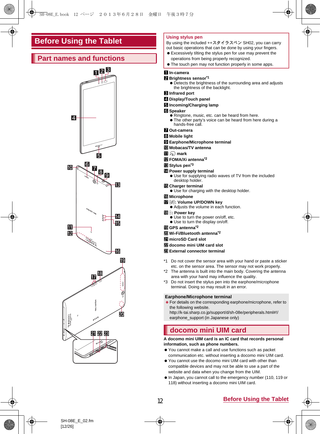 12 Before Using the TabletSH-08E_E_02.fm[12/26]1In-camera2Brightness sensor*1 Detects the brightness of the surrounding area and adjusts the brightness of the backlight.3Infrared port4Display/Touch panel5Incoming/Charging lamp6Speaker Ringtone, music, etc. can be heard from here. The other party’s voice can be heard from here during a hands-free call.7Out-camera8Mobile light9Earphone/Microphone terminalaMobacas/TV antennaba markcFOMA/Xi antenna*2dStylus pen*3ePower supply terminal Use for supplying radio waves of TV from the included desktop holder.fCharger terminal Use for charging with the desktop holder.gMicrophonehx/y: Volume UP/DOWN key Adjusts the volume in each function.iH: Power key Use to turn the power on/off, etc. Use to turn the display on/off.jGPS antenna*2kWi-Fi/Bluetooth antenna*2lmicroSD Card slotmdocomo mini UIM card slotnExternal connector terminal*1 Do not cover the sensor area with your hand or paste a sticker etc. on the sensor area. The sensor may not work properly.*2 The antenna is built into the main body. Covering the antenna area with your hand may influence the quality.*3 Do not insert the stylus pen into the earphone/microphone terminal. Doing so may result in an error.A docomo mini UIM card is an IC card that records personal information, such as phone numbers. You cannot make a call and use functions such as packet communication etc. without inserting a docomo mini UIM card. You cannot use the docomo mini UIM card with other than compatible devices and may not be able to use a part of the website and data when you change from the UIM. In Japan, you cannot call to the emergency number (110, 119 or 118) without inserting a docomo mini UIM card.Before Using the TabletPart names and functionsUsing stylus penBy using the included ++スタイラスペン SH02, you can carry out basic operations that can be done by using your fingers. Excessively tilting the stylus pen for use may prevent the operations from being properly recognized. The touch pen may not function properly in some apps.Earphone/Microphone terminal For details on the corresponding earphone/microphone, refer to the following website.(http://k-tai.sharp.co.jp/support/d/sh-08e/peripherals.html#!/earphone_support)  (in Japanese only)docomo mini UIM cardSH-08E_E.book  12 ページ  ２０１３年６月２８日　金曜日　午後３時７分