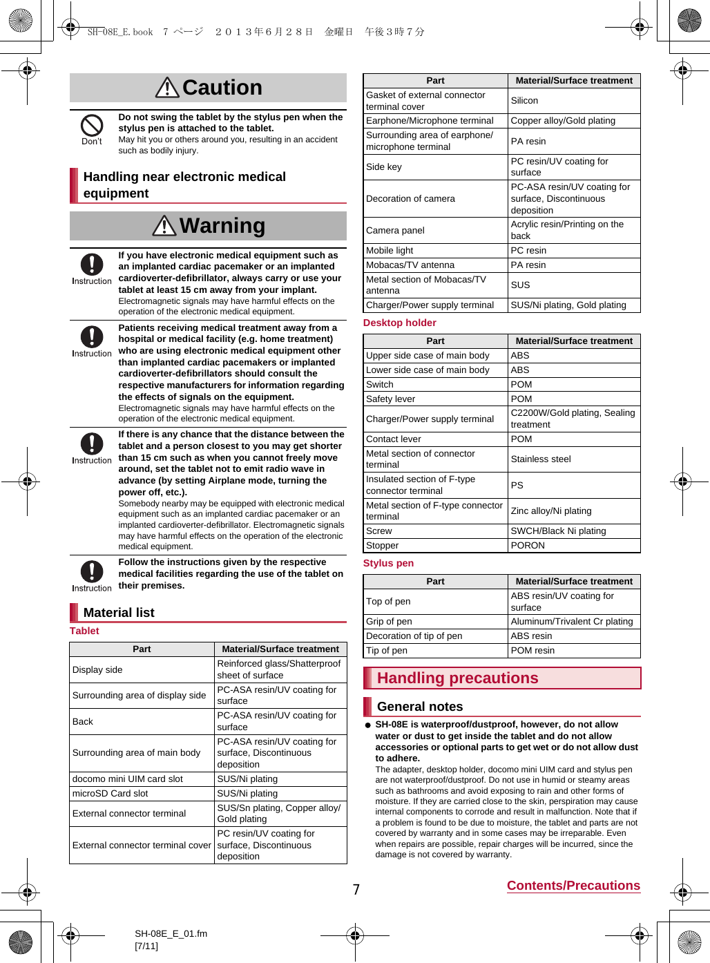 7Contents/PrecautionsSH-08E_E_01.fm[7/11]TabletDesktop holderStylus pen SH-08E is waterproof/dustproof, however, do not allow water or dust to get inside the tablet and do not allow accessories or optional parts to get wet or do not allow dust to adhere.The adapter, desktop holder, docomo mini UIM card and stylus pen are not waterproof/dustproof. Do not use in humid or steamy areas such as bathrooms and avoid exposing to rain and other forms of moisture. If they are carried close to the skin, perspiration may cause internal components to corrode and result in malfunction. Note that if a problem is found to be due to moisture, the tablet and parts are not covered by warranty and in some cases may be irreparable. Even when repairs are possible, repair charges will be incurred, since the damage is not covered by warranty.CautionDo not swing the tablet by the stylus pen when the stylus pen is attached to the tablet.May hit you or others around you, resulting in an accident such as bodily injury.Handling near electronic medical equipmentWarningIf you have electronic medical equipment such as an implanted cardiac pacemaker or an implanted cardioverter-defibrillator, always carry or use your tablet at least 15 cm away from your implant.Electromagnetic signals may have harmful effects on the operation of the electronic medical equipment.Patients receiving medical treatment away from a hospital or medical facility (e.g. home treatment) who are using electronic medical equipment other than implanted cardiac pacemakers or implanted cardioverter-defibrillators should consult the respective manufacturers for information regarding the effects of signals on the equipment.Electromagnetic signals may have harmful effects on the operation of the electronic medical equipment.If there is any chance that the distance between the tablet and a person closest to you may get shorter than 15 cm such as when you cannot freely move around, set the tablet not to emit radio wave in advance (by setting Airplane mode, turning the power off, etc.).Somebody nearby may be equipped with electronic medical equipment such as an implanted cardiac pacemaker or an implanted cardioverter-defibrillator. Electromagnetic signals may have harmful effects on the operation of the electronic medical equipment.Follow the instructions given by the respective medical facilities regarding the use of the tablet on their premises.Material listPart Material/Surface treatmentDisplay side Reinforced glass/Shatterproof sheet of surfaceSurrounding area of display side PC-ASA resin/UV coating for surfaceBack PC-ASA resin/UV coating for surfaceSurrounding area of main bodyPC-ASA resin/UV coating for surface, Discontinuous depositiondocomo mini UIM card slot SUS/Ni platingmicroSD Card slot SUS/Ni platingExternal connector terminal SUS/Sn plating, Copper alloy/Gold platingExternal connector terminal coverPC resin/UV coating for surface, Discontinuous depositionGasket of external connector terminal cover SiliconEarphone/Microphone terminal Copper alloy/Gold platingSurrounding area of earphone/microphone terminal PA resinSide key PC resin/UV coating for surfaceDecoration of cameraPC-ASA resin/UV coating for surface, Discontinuous depositionCamera panel Acrylic resin/Printing on the backMobile light PC resinMobacas/TV antenna PA resinMetal section of Mobacas/TV antenna SUSCharger/Power supply terminal SUS/Ni plating, Gold platingPart Material/Surface treatmentUpper side case of main body ABSLower side case of main body ABSSwitch POMSafety lever POMCharger/Power supply terminal C2200W/Gold plating, Sealing treatmentContact lever POMMetal section of connector terminal Stainless steelInsulated section of F-type connector terminal PSMetal section of F-type connector terminal Zinc alloy/Ni platingScrew SWCH/Black Ni platingStopper PORONPart Material/Surface treatmentTop of pen ABS resin/UV coating for surfaceGrip of pen Aluminum/Trivalent Cr platingDecoration of tip of pen ABS resinTip of pen POM resinHandling precautionsGeneral notesPart Material/Surface treatmentSH-08E_E.book  7 ページ  ２０１３年６月２８日　金曜日　午後３時７分