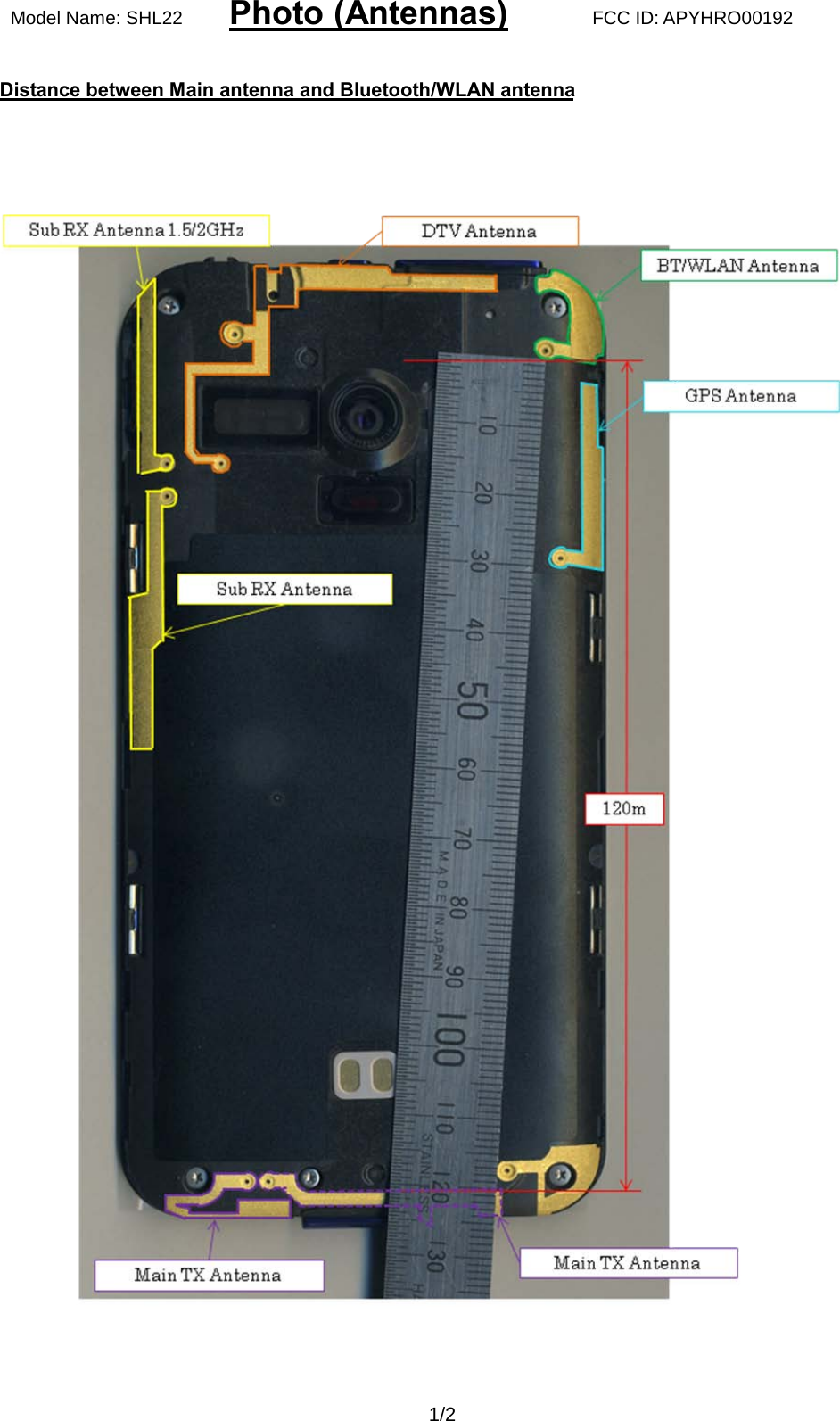 Model Name: SHL22     Photo (Antennas)      FCC ID: APYHRO00192 1/2 Distance between Main antenna and Bluetooth/WLAN antenna    