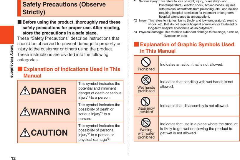 12Safety PrecautionsSafety Precautions (Observe Strictly) ■Before using the product, thoroughly read these safety precautions for proper use. After reading, store the precautions in a safe place.These “Safety Precautions” describe instructions thatshould be observed to prevent damage to property orinjury to the customer or others using the product.These instructions are divided into the followingcategories. ■Explanation of Indications Used in This ManualDANGERThis symbol indicates the potential and imminent danger of death or serious injury*1 to a person.WARNINGThis symbol indicates the possibility of death or serious injury*1 to a person.CAUTIONThis symbol indicates the possibility of personal injury*2 to a person or physical damage*3.*1  Serious injury:  This refers to loss of sight, injury, burns (high- and low-temperature), electric shock, broken bones, injuries with residual aftereffects from poisoning, etc., and injuries requiring hospital admission for treatment or long-term hospital attendance as an outpatient.*2  Injury:  This refers to injuries, burns (high- and low-temperature), electric shock, etc. that do not require hospital admission for treatment or long-term hospital attendance as an outpatient.*3  Physical damage:  This refers to extended damage to buildings, furniture, livestock or pets. ■Explanation of Graphic Symbols Used in This ManualProhibitedIndicates an action that is not allowed.Wet handsprohibitedIndicates that handling with wet hands is not allowed.DisassemblyprohibitedIndicates that disassembly is not allowed.Wettingwith waterprohibitedIndicates that use in a place where the product is likely to get wet or allowing the product to get wet is not allowed.