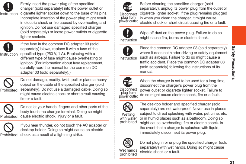 21Safety PrecautionsInstructionFirmly insert the power plug of the specified charger (sold separately) into the power outlet or cigarette lighter socket down to the base of its pins. Incomplete insertion of the power plug might result in electric shock or fire caused by overheating and ignition. Do not use damaged specified charger (sold separately) or loose power outlets or cigarette lighter sockets.InstructionIf the fuse in the common DC adapter 03 (sold separately) blows, replace it with a fuse of the specified type (250 V, 1 A). Replacing with a different type of fuse might cause overheating or ignition. (For information about fuse replacement, carefully read the manual for the common DC adapter 03 (sold separately).)ProhibitedDo not damage, modify, twist, pull or place a heavy object on the cable of the specified charger (sold separately). Do not use a damaged cable. Doing so might cause electric shock or short circuit causing fire or a fault.ProhibitedDo not let your hands, fingers and other parts of the body touch the charger terminal. Doing so might cause electric shock, injury or a fault.ProhibitedIf you hear thunder, do not touch the AC adapter or desktop holder. Doing so might cause an electric shock as a result of a lightning strike.Disconnectplug frompower outletBefore cleaning the specified charger (sold separately), unplug its power plug from the outlet or cigarette lighter socket. If the plug remains plugged in when you clean the charger, it might cause electric shock or short circuit causing fire or a fault.InstructionWipe off dust on the power plug. Failure to do so might cause fire, burns or electric shock.InstructionPlace the common DC adapter 03 (sold separately) where it does not hinder driving or safety equipment such as airbags. Failure to do so might cause a traffic accident. Place the common DC adapter 03 (sold separately) following the instructions of its manual.Disconnectplug frompower outletWhen the charger is not to be used for a long time, disconnect the charger’s power plug from the power outlet or cigarette lighter socket. Failure to do so might cause electric shock, fire or a fault.Wettingwith waterprohibitedThe desktop holder and specified charger (sold separately) are not waterproof. Never use in places subject to direct splashing with water, pet urine, etc. or in humid places such as a bathroom. Doing so might cause overheating, fire or electric shock. In the event that a charger is splashed with liquid, immediately disconnect its power plug.Wet handsprohibitedDo not plug in or unplug the specified charger (sold separately) with wet hands. Doing so might cause electric shock or a fault.