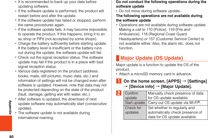 80Appendix •It is recommended to back up your data before updating software. •If the software update is performed, the product will restart before and after the update. •If the software update has failed or stopped, perform the same procedures again. •If the software update fails, it may become impossible to operate the product. If this happens, bring it to an au shop or PiPit (not accepted by some shops). •Charge the battery sufficiently before starting update. If the battery level is insufficient or the battery runs out during the update, the software update will fail. •Check out the signal reception status. The software update may fail if the product is in a place with bad signal reception status. •Various data registered on the product (address books, mails, still pictures, music data, etc.) and information of settings will not be changed even after software is updated. However, note that data may not be protected depending on the state of the product (fault, damage, getting wet with water, etc.). •After software is updated, the download of next update software may automatically start (consecutive update). •The software update is not available during international roaming.Do not conduct the following operations during the software update •Do not move during software update.The following operations are not available during the software update •Operations are not available during software update. Making a call to 110 (Police), 119 (Fire and Ambulance), 118 (Regional Coast Guard Headquarters) or 157 (Customer Service Center) is not available either. Also, the alarm etc. does not function.Major Update (OS Update)Major update is a function to update the OS of the product. •Attach a microSD memory card in advance.₁  On the home screen, [APPS] → [Settings] → [Device info] → [Major Update].2Confirm updateManually check presence of data for OS update available.Start update Carry out OS update via Wi-Fi®.Check for updatesSet whether to regularly and automatically check presence of data for OS update available.