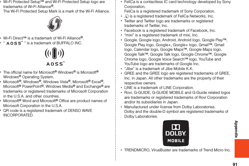 91Appendix •Wi-Fi Protected Setup™ and Wi-Fi Protected Setup logo are trademarks of Wi-Fi Alliance®.  The Wi-Fi Protected Setup Mark is a mark of the Wi-Fi Alliance. •Wi-Fi Direct™ is a trademark of Wi-Fi Alliance®. •“   ” is a trademark of BUFFALO INC. •The official name for Microsoft® Windows® is Microsoft® Windows® Operating System. •Microsoft®, Windows®, Windows Vista®, Microsoft® Excel®, Microsoft® PowerPoint®, Windows Media® and Exchange® are trademarks or registered trademarks of Microsoft Corporation in the U.S.A. and other countries. •Microsoft® Word and Microsoft® Office are product names of Microsoft Corporation in the U.S.A. •QR code is a registered trademark of DENSO WAVE INCORPORATED. •FeliCa is a contactless IC card technology developed by Sony Corporation.  FeliCa is a registered trademark of Sony Corporation. • is a registered trademark of FeliCa Networks, Inc. •Twitter and Twitter logo are trademarks or registered trademarks of Twitter, Inc. •Facebook is a registered trademark of Facebook, Inc. •“mixi” is a registered trademark of mixi, Inc. •Google, Google logo, Android, Android logo, Google Play™, Google Play logo, Google+, Google+ logo, Gmail™, Gmail logo, Calendar logo, Google Maps™, Google Maps logo, Google Talk™, Google Talk logo, Google Chrome™, Google Chrome logo, Google Voice Search™ logo, YouTube and YouTube logo are trademarks of Google Inc. •“Jibe” is a trademark of Jibe Mobile K.K. •GREE and the GREE logo are registered trademarks of GREE, Inc. in Japan. All other trademarks are the property of their respective owners. •LINE is a trademark of LINE Corporation. •Rovi, G-GUIDE, G-GUIDE MOBILE and G-Guide related logos are trademarks or registered trademarks of Rovi Corporation and/or its subsidiaries in Japan. •Manufactured under license from Dolby Laboratories.  Dolby and the double-D symbol are registered trademarks of Dolby Laboratories. •TRENDMICRO, VirusBuster are trademarks of Trend Micro Inc.