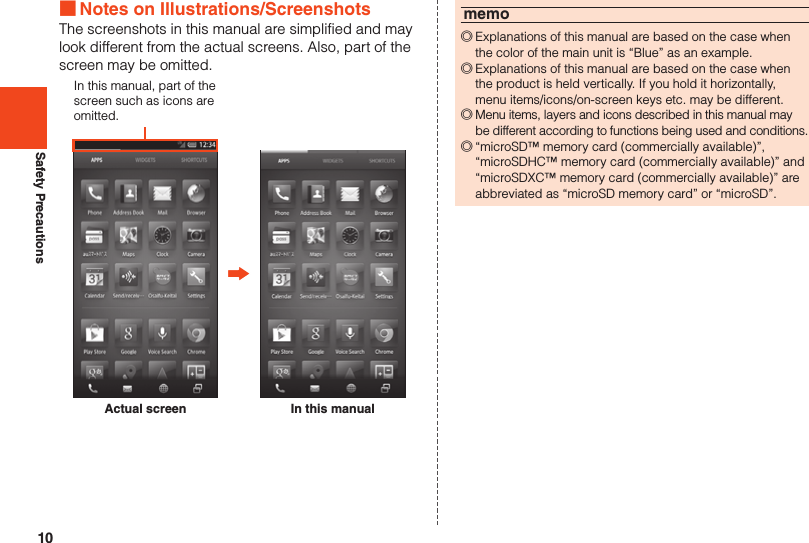 10Safety Precautions ■Notes on Illustrations/ScreenshotsThe screenshots in this manual are simplified and may look different from the actual screens. Also, part of the screen may be omitted.Actual screenIn this manual, part of the screen such as icons are omitted.In this manualmemo ◎Explanations of this manual are based on the case when the color of the main unit is “Blue” as an example. ◎Explanations of this manual are based on the case when the product is held vertically. If you hold it horizontally, menu items/icons/on-screen keys etc. may be different. ◎Menu items, layers and icons described in this manual may be different according to functions being used and conditions. ◎“microSD™ memory card (commercially available)”, “microSDHC™ memory card (commercially available)” and “microSDXC™ memory card (commercially available)” are abbreviated as “microSD memory card” or “microSD”.