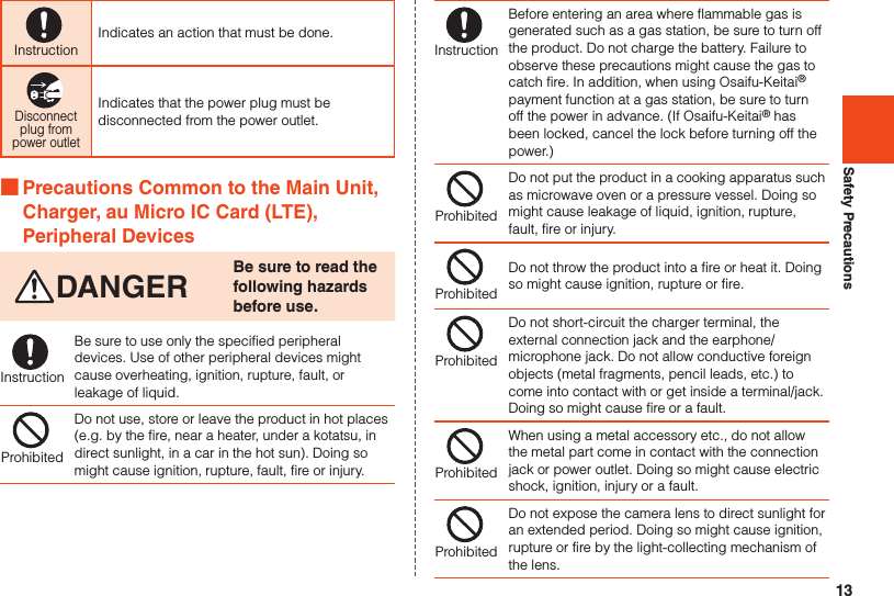 13Safety PrecautionsInstructionIndicates an action that must be done.Disconnectplug frompower outletIndicates that the power plug must be disconnected from the power outlet. ■Precautions Common to the Main Unit, Charger, au Micro IC Card (LTE), Peripheral DevicesDANGER Be sure to read the following hazards before use.InstructionBe sure to use only the specified peripheral devices. Use of other peripheral devices might cause overheating, ignition, rupture, fault, or leakage of liquid.ProhibitedDo not use, store or leave the product in hot places (e.g. by the fire, near a heater, under a kotatsu, in direct sunlight, in a car in the hot sun). Doing so might cause ignition, rupture, fault, fire or injury.InstructionBefore entering an area where flammable gas is generated such as a gas station, be sure to turn off the product. Do not charge the battery. Failure to observe these precautions might cause the gas to catch fire. In addition, when using Osaifu-Keitai® payment function at a gas station, be sure to turn off the power in advance. (If Osaifu-Keitai® has been locked, cancel the lock before turning off the power.)ProhibitedDo not put the product in a cooking apparatus such as microwave oven or a pressure vessel. Doing so might cause leakage of liquid, ignition, rupture, fault, fire or injury.ProhibitedDo not throw the product into a fire or heat it. Doing so might cause ignition, rupture or fire.ProhibitedDo not short-circuit the charger terminal, the external connection jack and the earphone/microphone jack. Do not allow conductive foreign objects (metal fragments, pencil leads, etc.) to come into contact with or get inside a terminal/jack. Doing so might cause fire or a fault.ProhibitedWhen using a metal accessory etc., do not allow the metal part come in contact with the connection jack or power outlet. Doing so might cause electric shock, ignition, injury or a fault.ProhibitedDo not expose the camera lens to direct sunlight for an extended period. Doing so might cause ignition, rupture or fire by the light-collecting mechanism of the lens.