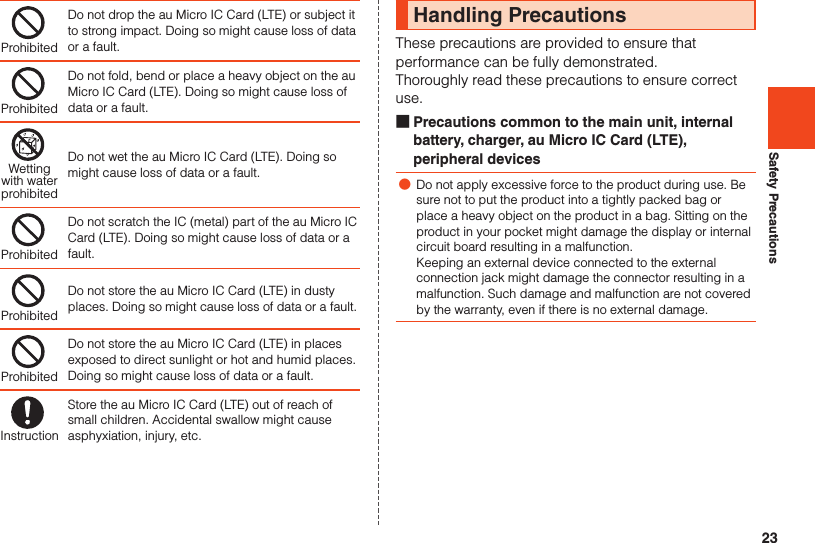 23Safety PrecautionsProhibitedDo not drop the au Micro IC Card (LTE) or subject it to strong impact. Doing so might cause loss of data or a fault.ProhibitedDo not fold, bend or place a heavy object on the au Micro IC Card (LTE). Doing so might cause loss of data or a fault.Wettingwith waterprohibitedDo not wet the au Micro IC Card (LTE). Doing so might cause loss of data or a fault.ProhibitedDo not scratch the IC (metal) part of the au Micro IC Card (LTE). Doing so might cause loss of data or a fault.ProhibitedDo not store the au Micro IC Card (LTE) in dusty places. Doing so might cause loss of data or a fault.ProhibitedDo not store the au Micro IC Card (LTE) in places exposed to direct sunlight or hot and humid places. Doing so might cause loss of data or a fault.InstructionStore the au Micro IC Card (LTE) out of reach of small children. Accidental swallow might cause asphyxiation, injury, etc.Handling PrecautionsThese precautions are provided to ensure that performance can be fully demonstrated.Thoroughly read these precautions to ensure correct use. ■Precautions common to the main unit, internal battery, charger, au Micro IC Card (LTE), peripheral devices ●Do not apply excessive force to the product during use. Be sure not to put the product into a tightly packed bag or place a heavy object on the product in a bag. Sitting on the product in your pocket might damage the display or internal circuit board resulting in a malfunction.Keeping an external device connected to the external connection jack might damage the connector resulting in a malfunction. Such damage and malfunction are not covered by the warranty, even if there is no external damage.