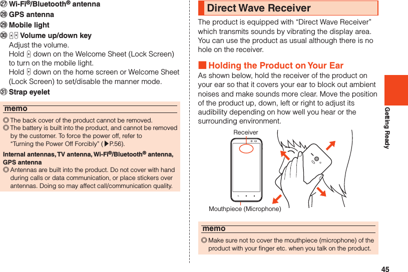 45Getting Ready󰚬 Wi-Fi®/Bluetooth® antenna󰚭 GPS antenna󰚮 Mobile light󰚯 ud Volume up/down key  Adjust the volume.  Hold u down on the Welcome Sheet (Lock Screen) to turn on the mobile light.  Hold d down on the home screen or Welcome Sheet (Lock Screen) to set/disable the manner mode.󰚰 Strap eyeletmemo ◎The back cover of the product cannot be removed. ◎The battery is built into the product, and cannot be removed by the customer. To force the power off, refer to “Turning the Power Off Forcibly” (▶P. 56).Internal antennas, TV antenna, Wi-Fi®/Bluetooth® antenna, GPS antenna  ◎Antennas are built into the product. Do not cover with hand during calls or data communication, or place stickers over antennas. Doing so may affect call/communication quality.Direct Wave ReceiverThe product is equipped with “Direct Wave Receiver” which transmits sounds by vibrating the display area. You can use the product as usual although there is no hole on the receiver. ■Holding the Product on Your EarAs shown below, hold the receiver of the product on your ear so that it covers your ear to block out ambient noises and make sounds more clear. Move the position of the product up, down, left or right to adjust its audibility depending on how well you hear or the surrounding environment.ReceiverMouthpiece (Microphone)memo ◎Make sure not to cover the mouthpiece (microphone) of the product with your finger etc. when you talk on the product.