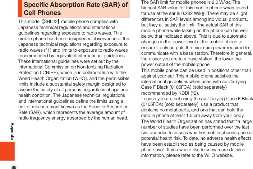 86AppendixSpecific Absorption Rate (SAR) of Cell PhonesThis model 【SHL22】 mobile phone complies with Japanese technical regulations and international guidelines regarding exposure to radio waves. This mobile phone has been designed in observance of the Japanese technical regulations regarding exposure to radio waves (*1) and limits to exposure to radio waves recommended by equivalent international guidelines.These international guidelines were set out by the International Commission on Non-Ionizing Radiation Protection (ICNIRP), which is in collaboration with the World Health Organization (WHO), and the permissible limits include a substantial safety margin designed to assure the safety of all persons, regardless of age and health condition. The Japanese technical regulations and international guidelines define the limits using a unit of measurement known as the Specific Absorption Rate (SAR), which represents the average amount of radio frequency energy absorbed by the human head.The SAR limit for mobile phones is 2.0 W/kg. The highest SAR value for this mobile phone when tested for use at the ear is 0.282 W/kg. There may be slight differences in SAR levels among individual products, but they all satisfy the limit. The actual SAR of this mobile phone while talking on the phone can be well below that indicated above. This is due to automatic changes in the power level of the mobile phone to ensure it only outputs the minimum power required to communicate with a base station. Therefore in general, the closer you are to a base station, the lower the power output of the mobile phone.This mobile phone can be used in positions other than against your ear. This mobile phone satisfies the international guidelines when used with au Carrying Case F Black (0105FCA) (sold separately) recommended by KDDI (*2).In case you are not using the au Carrying Case F Black (0105FCA) (sold separately), use a product that contains no metal parts, and one that can hold the mobile phone at least 1.5 cm away from your body.The World Health Organization has stated that “a large number of studies have been performed over the last two decades to assess whether mobile phones pose a potential health risk. To date, no adverse health effects have been established as being caused by mobile phone use”. If you would like to know more detailed information, please refer to the WHO website.
