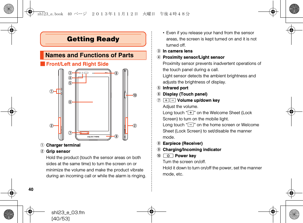 shl23_e_03.fm[40/53]40■Front/Left and Right SideACharger terminalBGrip sensorHold the product (touch the sensor areas on both sides at the same time) to turn the screen on or minimize the volume and make the product vibrate during an incoming call or while the alarm is ringing.•Even if you release your hand from the sensor areas, the screen is kept turned on and it is not turned off.CIn camera lensDProximity sensor/Light sensorProximity sensor prevents inadvertent operations of the touch panel during a call.Light sensor detects the ambient brightness and adjusts the brightness of display.EInfrared portFDisplay (Touch panel)Gud Volume up/down keyAdjust the volume.Long touch “u” on the Welcome Sheet (Lock Screen) to turn on the mobile light.Long touch “d” on the home screen or Welcome Sheet (Lock Screen) to set/disable the manner mode.HEarpiece (Receiver)ICharging/Incoming indicatorJf Power keyTurn the screen on/off.Hold it down to turn on/off the power, set the manner mode, etc.Getting ReadyNames and Functions of Partsshl23_e.book  40 ページ  ２０１３年１１月１２日　火曜日　午後４時４８分