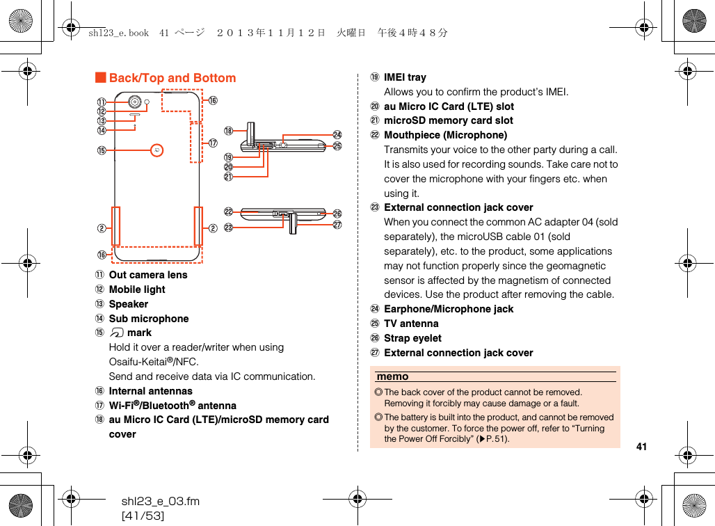 shl23_e_03.fm[41/53]41■Back/Top and BottomKOut camera lensLMobile lightMSpeakerNSub microphoneO&amp; markHold it over a reader/writer when using Osaifu-Keitai®/NFC.Send and receive data via IC communication.PInternal antennasQWi-Fi®/Bluetooth® antennaRau Micro IC Card (LTE)/microSD memory card coverSIMEI trayAllows you to confirm the product’s IMEI.Tau Micro IC Card (LTE) slotUmicroSD memory card slotVMouthpiece (Microphone)Transmits your voice to the other party during a call. It is also used for recording sounds. Take care not to cover the microphone with your fingers etc. when using it.WExternal connection jack coverWhen you connect the common AC adapter 04 (sold separately), the microUSB cable 01 (sold separately), etc. to the product, some applications may not function properly since the geomagnetic sensor is affected by the magnetism of connected devices. Use the product after removing the cable.XEarphone/Microphone jackYTV antennaZStrap eyeletaExternal connection jack covermemo◎The back cover of the product cannot be removed. Removing it forcibly may cause damage or a fault.◎The battery is built into the product, and cannot be removed by the customer. To force the power off, refer to “Turning the Power Off Forcibly” (zP.51).shl23_e.book  41 ページ  ２０１３年１１月１２日　火曜日　午後４時４８分