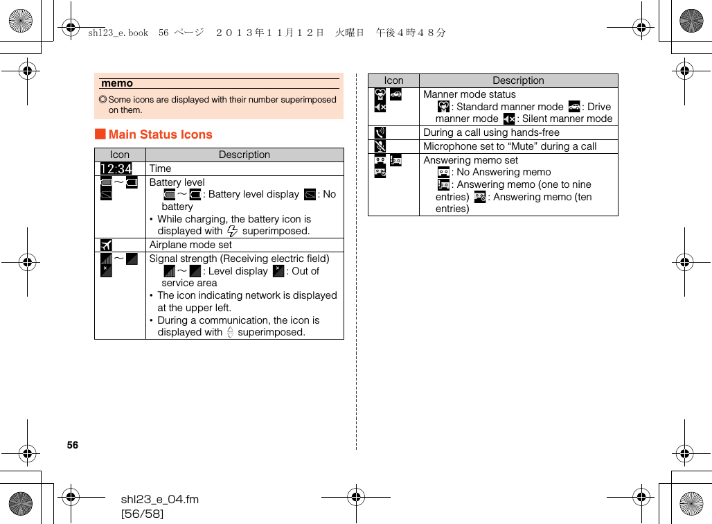 shl23_e_04.fm[56/58]56■Main Status Iconsmemo◎Some icons are displayed with their number superimposed on them.Icon DescriptionTime∼Battery level∼: Battery level display  : No battery•While charging, the battery icon is displayed with   superimposed.Airplane mode set∼Signal strength (Receiving electric field)∼: Level display  : Out of service area•The icon indicating network is displayed at the upper left.•During a communication, the icon is displayed with   superimposed.Manner mode status: Standard manner mode  : Drive manner mode  : Silent manner modeDuring a call using hands-freeMicrophone set to “Mute” during a callAnswering memo set: No Answering memo : Answering memo (one to nine entries)  : Answering memo (ten entries)Icon Descriptionshl23_e.book  56 ページ  ２０１３年１１月１２日　火曜日　午後４時４８分
