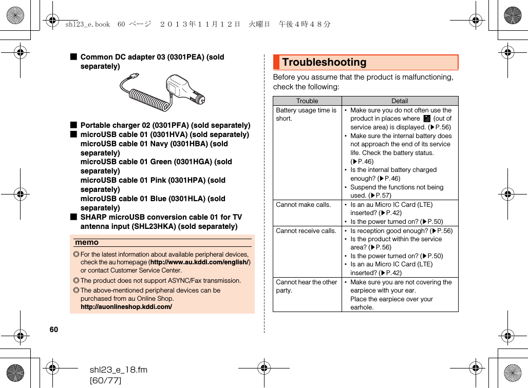 shl23_e_18.fm[60/77]60■Common DC adapter 03 (0301PEA) (sold separately)■Portable charger 02 (0301PFA) (sold separately)■microUSB cable 01 (0301HVA) (sold separately)microUSB cable 01 Navy (0301HBA) (sold separately)microUSB cable 01 Green (0301HGA) (sold separately)microUSB cable 01 Pink (0301HPA) (sold separately)microUSB cable 01 Blue (0301HLA) (sold separately)■SHARP microUSB conversion cable 01 for TV antenna input (SHL23HKA) (sold separately)Before you assume that the product is malfunctioning, check the following:memo◎For the latest information about available peripheral devices, check the au homepage (http://www.au.kddi.com/english/) or contact Customer Service Center.◎The product does not support ASYNC/Fax transmission.◎The above-mentioned peripheral devices can be purchased from au Online Shop.(http://auonlineshop.kddi.com/)TroubleshootingTrouble DetailBattery usage time is short.•Make sure you do not often use the product in places where   (out of service area) is displayed. (zP.56)•Make sure the internal battery does not approach the end of its service life. Check the battery status. (zP.46)•Is the internal battery charged enough? (zP.46)•Suspend the functions not being used. (zP.57)Cannot make calls. •Is an au Micro IC Card (LTE) inserted? (zP.42)•Is the power turned on? (zP.50)Cannot receive calls. •Is reception good enough? (zP.56)•Is the product within the service area? (zP.56)•Is the power turned on? (zP.50)•Is an au Micro IC Card (LTE) inserted? (zP.42)Cannot hear the other party.•Make sure you are not covering the earpiece with your ear.Place the earpiece over your earhole.shl23_e.book  60 ページ  ２０１３年１１月１２日　火曜日　午後４時４８分