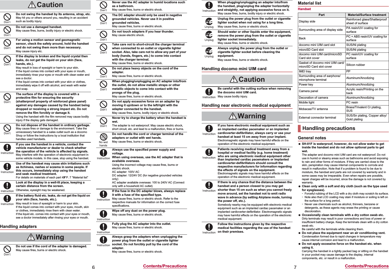 6Contents/PrecautionsCautionDo not swing the handset by its antenna, strap, etc.May hit you or others around you, resulting in an accident such as bodily injury.Do not use a damaged handset.May cause fires, burns, bodily injury or electric shock.For using a motion sensor and geomagnetic sensor, check the safety around, hold the handset and do not swing them more than necessary.May cause injury etc.If the display is broken and the liquid crystal then leaks, do not get the liquid on your skin (face, hands, etc.).May result in loss of eyesight or harm to your skin.If the liquid comes into contact with your eyes or mouth, immediately rinse your eyes or mouth with clean water and see a doctor. If the liquid comes into contact with your skin or clothes, immediately wipe it off with alcohol, and wash with water and soap.The surface of the display is covered with a protective film for ensuring the security (shatterproof property of reinforced glass panel) against any damages caused by the handset being dropped or receiving a strong impact etc. Do not remove the film forcibly or damage it.Using the handset with the film removed may cause bodily injury if the display gets damaged.Do not dispose of the handset in ordinary garbage.May cause fires or damage to the environment. Take the unnecessary handset to a sales outlet such as a docomo Shop or follow the instructions by a local institution that handles used handsets.If you use the handset in a vehicle, contact the vehicle manufacturer or dealer to check whether the operation of the vehicle is affected by signals.May interfere with the operation of electronic equipment in some vehicle models. In this case, stop using the handset.Use of the handset may cause skin irritations such as itchiness, rashes or eczema in some people. If this occurs, immediately stop using the handset and seek medical treatment.For details on materials of each part nP. 7 “Material list”Look at the display in a well-lit place, keeping a certain distance from the screen.Otherwise, eyesight may be weakened.If the battery fluid etc. leaks, do not get the liquid on your skin (face, hands, etc.).May result in loss of eyesight or harm to your skin.If the liquid comes into contact with your eyes, mouth, skin or clothes, immediately rinse them with clean water.If the liquid etc. comes into contact with your eyes or mouth, see a doctor immediately after rinsing your eyes or mouth.Handling adaptersWarningDo not use if the cord of the adapter is damaged.May cause fires, burns or electric shock.Never use the AC adapter in humid locations such as a bathroom.May cause fires, burns or electric shock.The DC adapter should only be used in negative grounded vehicles. Never use it in positive grounded vehicles.May cause fires, burns or electric shock.Do not touch adapters if you hear thunder.May cause electric shock.Take care not to short-circuit the charger terminal when connected to an outlet or cigarette lighter socket. Also, take care not to allow any part of your body (hands, fingers, etc.) to come into contact with the charger terminal.May cause fires, burns or electric shock.Do not place heavy objects on the cord of the adapter.May cause fires, burns or electric shock.When plugging/unplugging an AC adapter into/from the outlet, do not allow metallic straps or other metallic objects to come into contact with the prongs of the plug.May cause fires, burns or electric shock.Do not apply excessive force on an adapter by moving it up/down or to the left/right with the adapter connected to the handset.May cause fires, burns, bodily injury or electric shock.Never try to charge the battery when the handset is wet.The adapter is not waterproof. May cause electric shock, short circuit, etc. and lead to a malfunction, fires or burns.Do not handle the cord or charger terminal of the adapters or outlet with wet hands.May cause fires, burns or electric shock.Always use the specified power supply and voltage.When using overseas, use the AC adapter that is available overseas.Using the incorrect voltage may cause fires, burns or electric shock.AC adapter: 100V ACDC adapter: 12/24V DC (for negative grounded vehicles only)AC adapter available overseas: 100 to 240V AC (Connect only with a household AC outlet)If the fuse in the DC adapter blows, always replace it with a fuse of the specified type.May cause fires, burns or electric shock. Refer to the respective manuals for information on the correct fuse specifications.Wipe off any dust on the power plug.May cause fires, burns or electric shock.Fully plug the AC adapter into the outlet.May cause fires, burns or electric shock.Always grasp the adapters when unplugging the power plug from the outlet or cigarette lighter socket. Do not forcibly pull by the cord of the adapter.May cause fires, burns or electric shock.7Contents/PrecautionsHandset SH-01F is waterproof, however, do not allow water to get inside the handset and do not allow optional parts to get wet.The adapter and docomo mini UIM card are not waterproof. Do not use in humid or steamy areas such as bathrooms and avoid exposing to rain and other forms of moisture. If they are carried close to the skin, perspiration may cause internal components to corrode and result in malfunction. Note that if a problem is found to be due to moisture, the handset and parts are not covered by warranty and in some cases may be irreparable. Even when repairs are possible, repair charges will be incurred, since the damage is not covered by warranty. Clean only with a soft and dry cloth (such as the type used for eyeglasses).ƦForceful rubbing of the LCD with a dry cloth may scratch its surface.ƦNote also that LCD coating may stain if moisture or soiling is left on the surface for a long period.ƦNever use chemicals such as alcohol, thinners, benzene or detergents, as these agents may erase the printing or cause discoloration. Occasionally clean terminals with a dry cotton swab etc.Dirty terminals may result in poor connections and loss of power or insufficient battery charge. Keep the terminals clean with a dry cotton swab etc.Be careful with the terminals while cleaning them. Do not place the equipment near an air conditioning vent.Condensation formed due to rapid changes in temperature may cause internal corrosion and lead to a malfunction. Do not apply excessive force on the handset etc. when using it.Carrying the handset in a tightly packed bag or sitting on the handset in your pocket may cause damage to the display, internal components, etc. or result in a malfunction.When plugging/unplugging an adapter into/from the handset, plug/unplug the adapter horizontally and straightly, not applying excessive force on it.May cause fires, burns, bodily injury or electric shock.Unplug the power plug from the outlet or cigarette lighter socket when not using for a long time.May cause fires, burns or electric shock.Should water or other liquids enter the equipment, remove the power plug from the outlet or cigarette lighter socket immediately.May cause fires, burns or electric shock.Always unplug the power plug from the outlet or cigarette lighter socket before cleaning the equipment.May cause fires, burns or electric shock.Handling docomo mini UIM cardCautionBe careful with the cutting surface when removing the docomo mini UIM card.May cause bodily injury.Handling near electronic medical equipmentWarningIf you have electronic medical equipment such as an implanted cardiac pacemaker or an implanted cardioverter-defibrillator, always carry or use your handset at least 15 cm away from your implant.Electromagnetic signals may have harmful effects on the operation of the electronic medical equipment.Patients receiving medical treatment away from a hospital or medical facility (e.g. home treatment) who are using electronic medical equipment other than implanted cardiac pacemakers or implanted cardioverter-defibrillators should consult the respective manufacturers for information regarding the effects of signals on the equipment.Electromagnetic signals may have harmful effects on the operation of the electronic medical equipment.If there is any chance that the distance between the handset and a person closest to you may get shorter than 15 cm such as when you cannot freely move around, set the handset not to emit radio wave in advance (by setting Airplane mode, turning the power off, etc.).Somebody nearby may be equipped with electronic medical equipment such as an implanted cardiac pacemaker or an implanted cardioverter-defibrillator. Electromagnetic signals may have harmful effects on the operation of the electronic medical equipment.Follow the instructions given by the respective medical facilities regarding the use of the handset on their premises.Material listPart Material/Surface treatmentDisplay side Reinforced glass/Shatterproof sheet of surfaceSurrounding area of display side PA resin/UV coating for surfaceBack PC + ABS resin/UV coating for surfacedocomo mini UIM card slot SUS/Ni platingmicroSD Card slot SUS/Ni platingdocomo mini UIM card/microSD Card slot coverPC resin/UV coating for surfaceGasket of docomo mini UIM card/microSD Card slot cover Silicon rubberIMEI tray PPSurrounding area of earphone/microphone terminal Aluminum/AnodizingPower key Aluminum/AnodizingCamera panel Acrylic resin/Printing on the backDecoration of camera Aluminum/AnodizingMobile light PC resinMobacas/TV antenna Brass/Trivalent Cr plating, SUSExternal connector terminal SUS/Sn plating, Copper alloy/Gold platingHandling precautionsGeneral notes