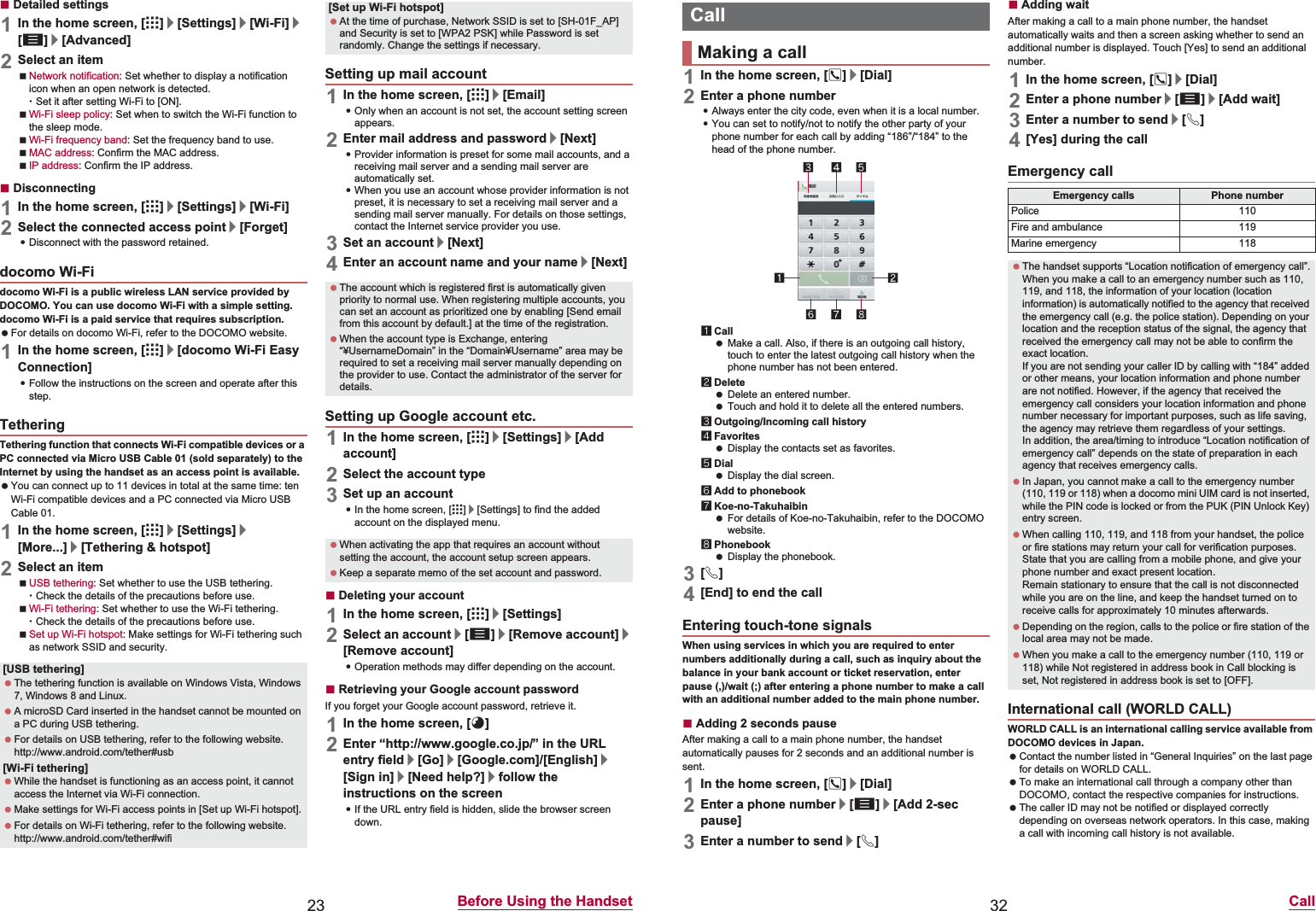 23 Before Using the HandsetɡDetailed settings1In the home screen, [R]/[Settings]/[Wi-Fi]/[z]/[Advanced]2Select an itemNetwork notification: Set whether to display a notification icon when an open network is detected.ƦSet it after setting Wi-Fi to [ON].Wi-Fi sleep policy: Set when to switch the Wi-Fi function to the sleep mode.Wi-Fi frequency band: Set the frequency band to use.MAC address: Confirm the MAC address.IP address: Confirm the IP address.ɡDisconnecting1In the home screen, [R]/[Settings]/[Wi-Fi]2Select the connected access point/[Forget]:Disconnect with the password retained.docomo Wi-Fi is a public wireless LAN service provided by DOCOMO. You can use docomo Wi-Fi with a simple setting. docomo Wi-Fi is a paid service that requires subscription. For details on docomo Wi-Fi, refer to the DOCOMO website.1In the home screen, [R]/[docomo Wi-Fi Easy Connection]:Follow the instructions on the screen and operate after this step.Tethering function that connects Wi-Fi compatible devices or a PC connected via Micro USB Cable 01 (sold separately) to the Internet by using the handset as an access point is available. You can connect up to 11 devices in total at the same time: ten Wi-Fi compatible devices and a PC connected via Micro USB Cable 01.1In the home screen, [R]/[Settings]/[More...]/[Tethering &amp; hotspot]2Select an itemUSB tethering: Set whether to use the USB tethering.ƦCheck the details of the precautions before use.Wi-Fi tethering: Set whether to use the Wi-Fi tethering.ƦCheck the details of the precautions before use.Set up Wi-Fi hotspot: Make settings for Wi-Fi tethering such as network SSID and security.1In the home screen, [R]/[Email]:Only when an account is not set, the account setting screen appears.2Enter mail address and password/[Next]:Provider information is preset for some mail accounts, and a receiving mail server and a sending mail server are automatically set.:When you use an account whose provider information is not preset, it is necessary to set a receiving mail server and a sending mail server manually. For details on those settings, contact the Internet service provider you use.3Set an account/[Next]4Enter an account name and your name/[Next]1In the home screen, [R]/[Settings]/[Add account]2Select the account type3Set up an account:In the home screen, [R]/[Settings] to find the added account on the displayed menu.ɡDeleting your account1In the home screen, [R]/[Settings]2Select an account/[z]/[Remove account]/[Remove account]:Operation methods may differ depending on the account.ɡRetrieving your Google account passwordIf you forget your Google account password, retrieve it.1In the home screen, [_]2Enter “(http://www.google.co.jp/) ” in the URL entry field/[Go]/[Google.com]/[English]/[Sign in]/[Need help?]/follow the instructions on the screen:If the URL entry field is hidden, slide the browser screen down.docomo Wi-FiTethering[USB tethering] The tethering function is available on Windows Vista, Windows 7, Windows 8 and Linux. A microSD Card inserted in the handset cannot be mounted on a PC during USB tethering. For details on USB tethering, refer to the following website.(http://www.android.com/tether#usb)[Wi-Fi tethering] While the handset is functioning as an access point, it cannot access the Internet via Wi-Fi connection. Make settings for Wi-Fi access points in [Set up Wi-Fi hotspot]. For details on Wi-Fi tethering, refer to the following website.(http://www.android.com/tether#wifi)[Set up Wi-Fi hotspot] At the time of purchase, Network SSID is set to [SH-01F_AP] and Security is set to [WPA2 PSK] while Password is set randomly. Change the settings if necessary.Setting up mail account The account which is registered first is automatically given priority to normal use. When registering multiple accounts, you can set an account as prioritized one by enabling [Send email from this account by default.] at the time of the registration. When the account type is Exchange, entering “¥UsernameDomain” in the “Domain¥Username” area may be required to set a receiving mail server manually depending on the provider to use. Contact the administrator of the server for details.Setting up Google account etc. When activating the app that requires an account without setting the account, the account setup screen appears. Keep a separate memo of the set account and password.32 Call1In the home screen, []]/[Dial]2Enter a phone number:Always enter the city code, even when it is a local number.:You can set to notify/not to notify the other party of your phone number for each call by adding “186”/“184” to the head of the phone number.1Call Make a call. Also, if there is an outgoing call history, touch to enter the latest outgoing call history when the phone number has not been entered.2Delete Delete an entered number. Touch and hold it to delete all the entered numbers.3Outgoing/Incoming call history4Favorites Display the contacts set as favorites.5Dial Display the dial screen.6Add to phonebook7Koe-no-Takuhaibin For details of Koe-no-Takuhaibin, refer to the DOCOMO website.8Phonebook Display the phonebook.3[0]4[End] to end the callWhen using services in which you are required to enter numbers additionally during a call, such as inquiry about the balance in your bank account or ticket reservation, enter pause (,)/wait (;) after entering a phone number to make a call with an additional number added to the main phone number.ɡAdding 2 seconds pauseAfter making a call to a main phone number, the handset automatically pauses for 2 seconds and an additional number is sent.1In the home screen, []]/[Dial]2Enter a phone number/[z]/[Add 2-sec pause]3Enter a number to send/[0]ɡAdding waitAfter making a call to a main phone number, the handset automatically waits and then a screen asking whether to send an additional number is displayed. Touch [Yes] to send an additional number.1In the home screen, []]/[Dial]2Enter a phone number/[z]/[Add wait]3Enter a number to send/[0]4[Yes] during the callWORLD CALL is an international calling service available from DOCOMO devices in Japan. Contact the number listed in “General Inquiries” on the last page for details on WORLD CALL. To make an international call through a company other than DOCOMO, contact the respective companies for instructions. The caller ID may not be notified or displayed correctly depending on overseas network operators. In this case, making a call with incoming call history is not available.CallMaking a callEntering touch-tone signalsEmergency callEmergency calls Phone numberPolice 110Fire and ambulance 119Marine emergency 118 The handset supports “Location notification of emergency call”.When you make a call to an emergency number such as 110, 119, and 118, the information of your location (location information) is automatically notified to the agency that received the emergency call (e.g. the police station). Depending on your location and the reception status of the signal, the agency that received the emergency call may not be able to confirm the exact location.If you are not sending your caller ID by calling with “184” added or other means, your location information and phone number are not notified. However, if the agency that received the emergency call considers your location information and phone number necessary for important purposes, such as life saving, the agency may retrieve them regardless of your settings.In addition, the area/timing to introduce “Location notification of emergency call” depends on the state of preparation in each agency that receives emergency calls. In Japan, you cannot make a call to the emergency number (110, 119 or 118) when a docomo mini UIM card is not inserted, while the PIN code is locked or from the PUK (PIN Unlock Key) entry screen. When calling 110, 119, and 118 from your handset, the police or fire stations may return your call for verification purposes. State that you are calling from a mobile phone, and give your phone number and exact present location.Remain stationary to ensure that the call is not disconnected while you are on the line, and keep the handset turned on to receive calls for approximately 10 minutes afterwards. Depending on the region, calls to the police or fire station of the local area may not be made. When you make a call to the emergency number (110, 119 or 118) while Not registered in address book in Call blocking is set, Not registered in address book is set to [OFF].International call (WORLD CALL)