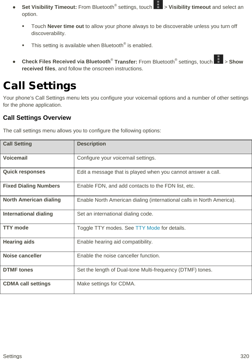 ● Set Visibility Timeout: From Bluetooth® settings, touch   &gt; Visibility timeout and select an option.  Touch Never time out to allow your phone always to be discoverable unless you turn off discoverability.  This setting is available when Bluetooth® is enabled. ● Check Files Received via Bluetooth® Transfer: From Bluetooth® settings, touch   &gt; Show received files, and follow the onscreen instructions. Call Settings Your phone’s Call Settings menu lets you configure your voicemail options and a number of other settings for the phone application. Call Settings Overview The call settings menu allows you to configure the following options: Call Setting Description Voicemail Configure your voicemail settings. Quick responses Edit a message that is played when you cannot answer a call. Fixed Dialing Numbers Enable FDN, and add contacts to the FDN list, etc. North American dialing Enable North American dialing (international calls in North America). International dialing Set an international dialing code. TTY mode Toggle TTY modes. See TTY Mode for details. Hearing aids Enable hearing aid compatibility. Noise canceller Enable the noise canceller function. DTMF tones Set the length of Dual-tone Multi-frequency (DTMF) tones. CDMA call settings Make settings for CDMA.  Settings 320 