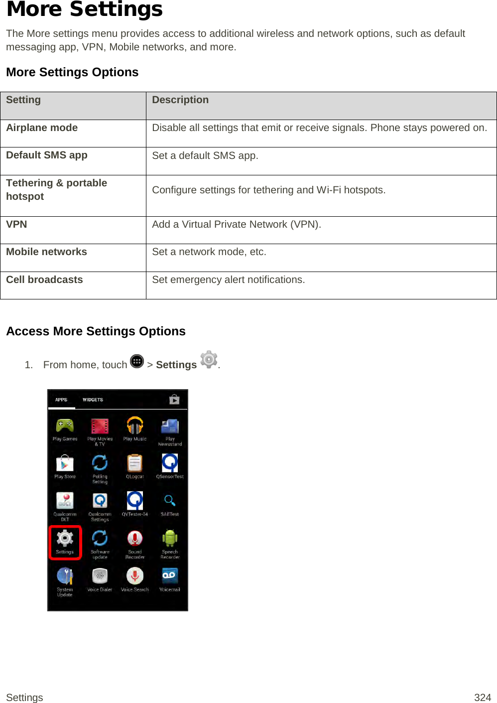 More Settings The More settings menu provides access to additional wireless and network options, such as default messaging app, VPN, Mobile networks, and more. More Settings Options Setting Description Airplane mode Disable all settings that emit or receive signals. Phone stays powered on. Default SMS app Set a default SMS app. Tethering &amp; portable hotspot Configure settings for tethering and Wi-Fi hotspots. VPN Add a Virtual Private Network (VPN). Mobile networks Set a network mode, etc. Cell broadcasts Set emergency alert notifications.  Access More Settings Options 1.  From home, touch   &gt; Settings  .   Settings 324 