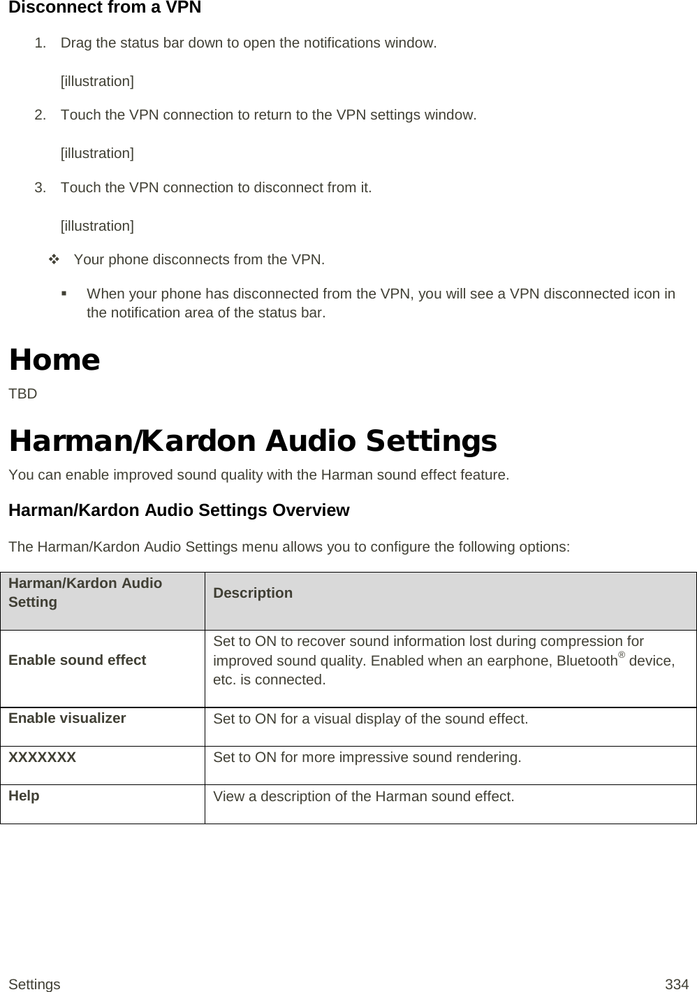 Disconnect from a VPN 1. Drag the status bar down to open the notifications window.  [illustration] 2. Touch the VPN connection to return to the VPN settings window.  [illustration] 3.  Touch the VPN connection to disconnect from it.   [illustration]  Your phone disconnects from the VPN.  When your phone has disconnected from the VPN, you will see a VPN disconnected icon in the notification area of the status bar. Home TBD Harman/Kardon Audio Settings You can enable improved sound quality with the Harman sound effect feature. Harman/Kardon Audio Settings Overview The Harman/Kardon Audio Settings menu allows you to configure the following options: Harman/Kardon Audio Setting Description Enable sound effect Set to ON to recover sound information lost during compression for improved sound quality. Enabled when an earphone, Bluetooth® device, etc. is connected. Enable visualizer Set to ON for a visual display of the sound effect. XXXXXXX Set to ON for more impressive sound rendering. Help View a description of the Harman sound effect.  Settings 334 
