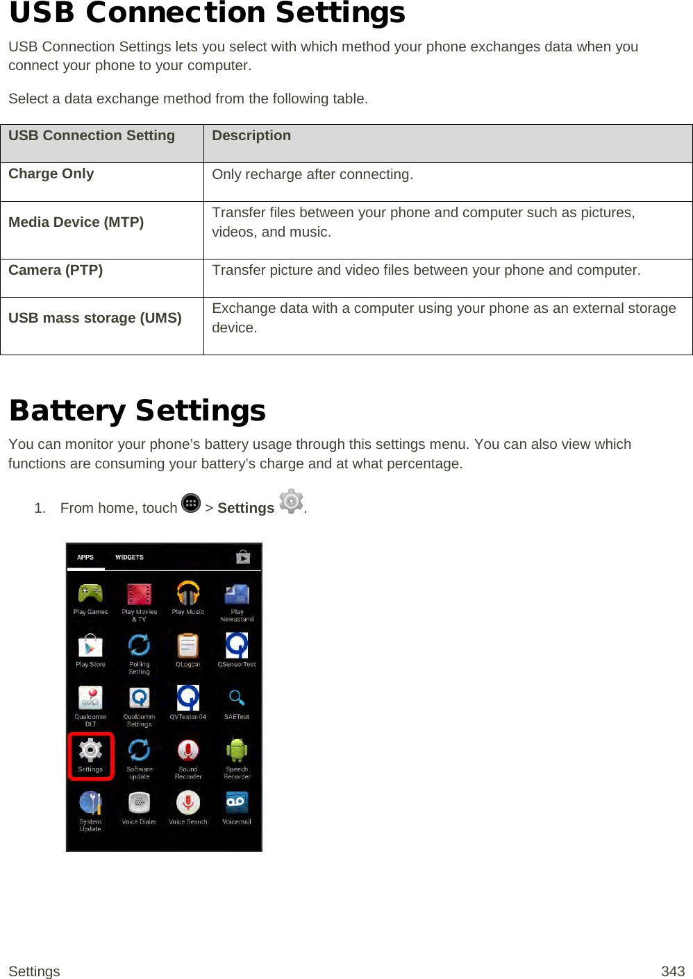 USB Connection Settings USB Connection Settings lets you select with which method your phone exchanges data when you connect your phone to your computer. Select a data exchange method from the following table. USB Connection Setting Description Charge Only Only recharge after connecting. Media Device (MTP) Transfer files between your phone and computer such as pictures, videos, and music. Camera (PTP) Transfer picture and video files between your phone and computer. USB mass storage (UMS) Exchange data with a computer using your phone as an external storage device.  Battery Settings You can monitor your phone’s battery usage through this settings menu. You can also view which functions are consuming your battery’s charge and at what percentage. 1.  From home, touch   &gt; Settings  .   Settings 343 