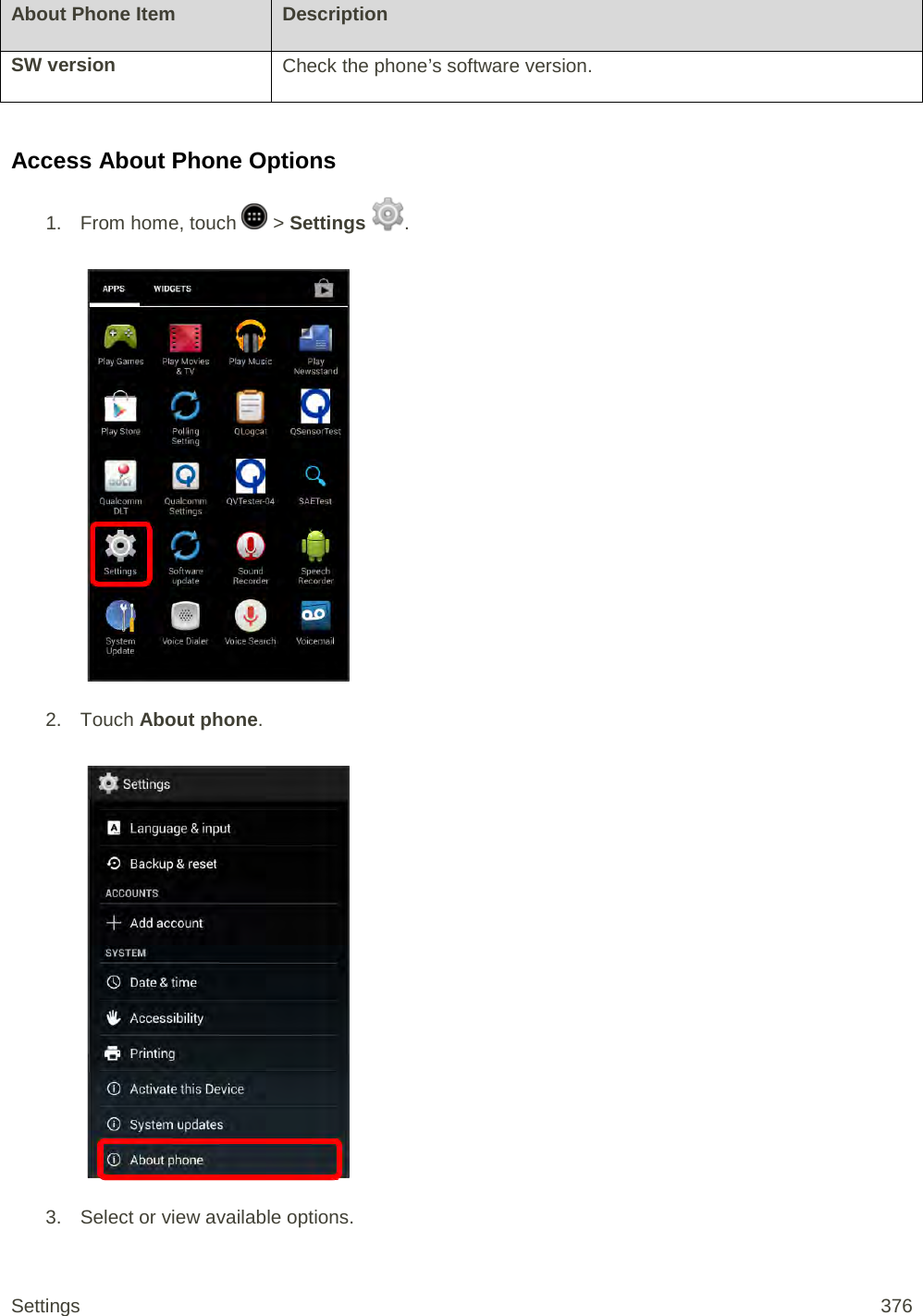 About Phone Item Description SW version Check the phone’s software version.  Access About Phone Options 1.  From home, touch   &gt; Settings  .   2. Touch About phone.   3. Select or view available options. Settings 376 