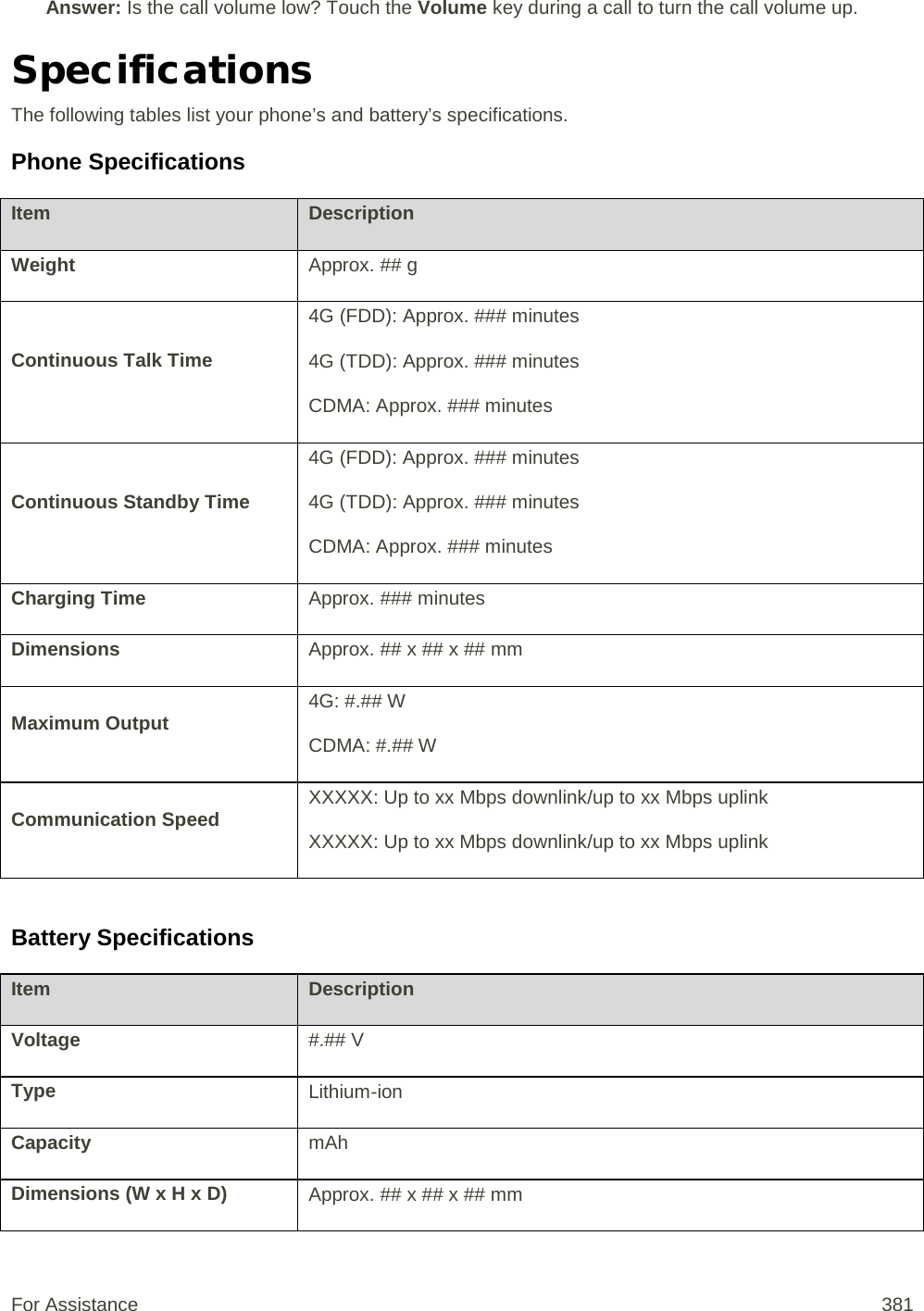 Answer: Is the call volume low? Touch the Volume key during a call to turn the call volume up. Specifications The following tables list your phone’s and battery’s specifications. Phone Specifications Item Description Weight Approx. ## g Continuous Talk Time 4G (FDD): Approx. ### minutes 4G (TDD): Approx. ### minutes CDMA: Approx. ### minutes Continuous Standby Time 4G (FDD): Approx. ### minutes 4G (TDD): Approx. ### minutes CDMA: Approx. ### minutes Charging Time Approx. ### minutes Dimensions Approx. ## x ## x ## mm Maximum Output 4G: #.## W CDMA: #.## W Communication Speed XXXXX: Up to xx Mbps downlink/up to xx Mbps uplink XXXXX: Up to xx Mbps downlink/up to xx Mbps uplink  Battery Specifications  Item Description Voltage #.## V Type Lithium-ion Capacity mAh Dimensions (W x H x D) Approx. ## x ## x ## mm For Assistance 381 